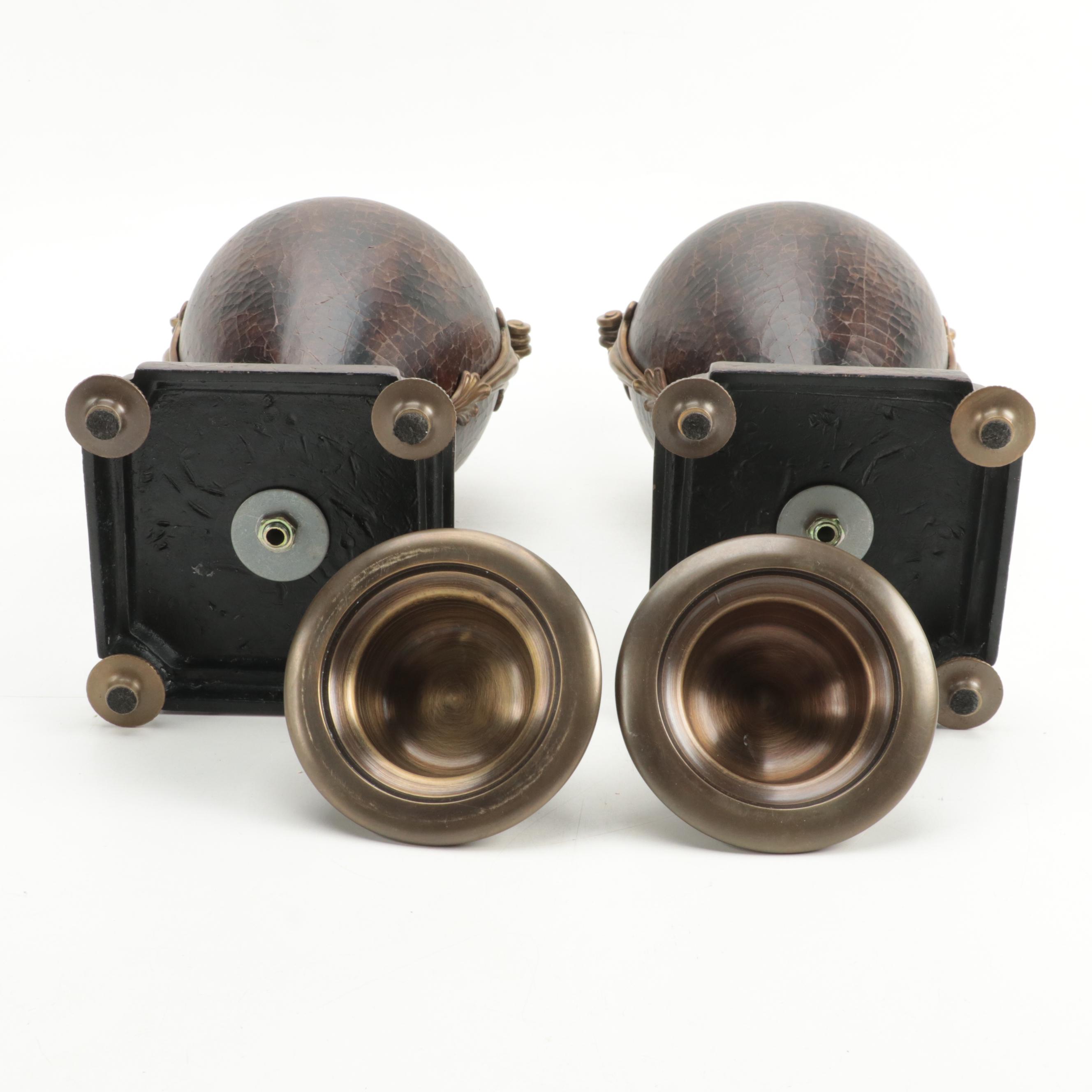 Pair of Crackle Finish and Brass Decorative Urns