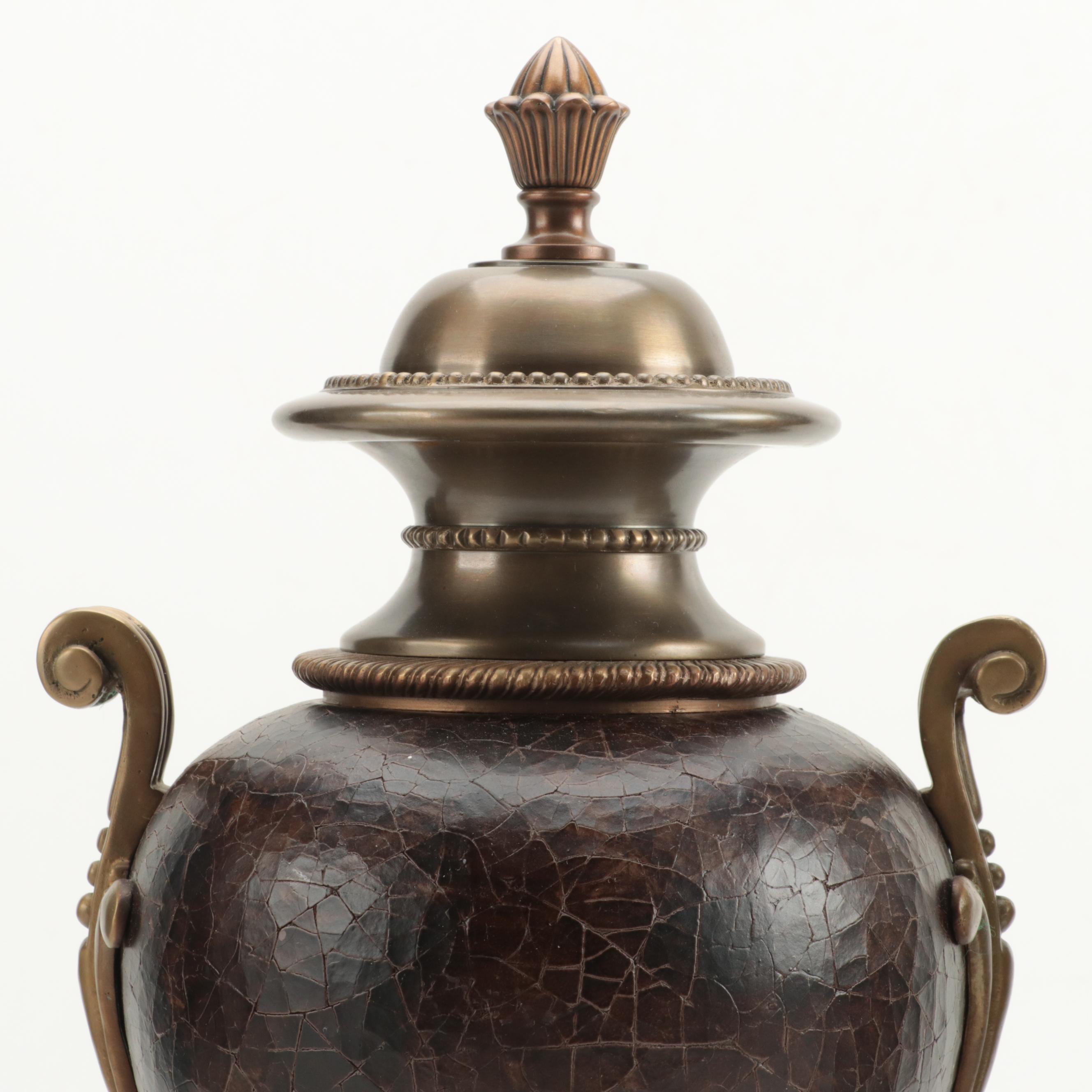 Pair of Crackle Finish and Brass Decorative Urns