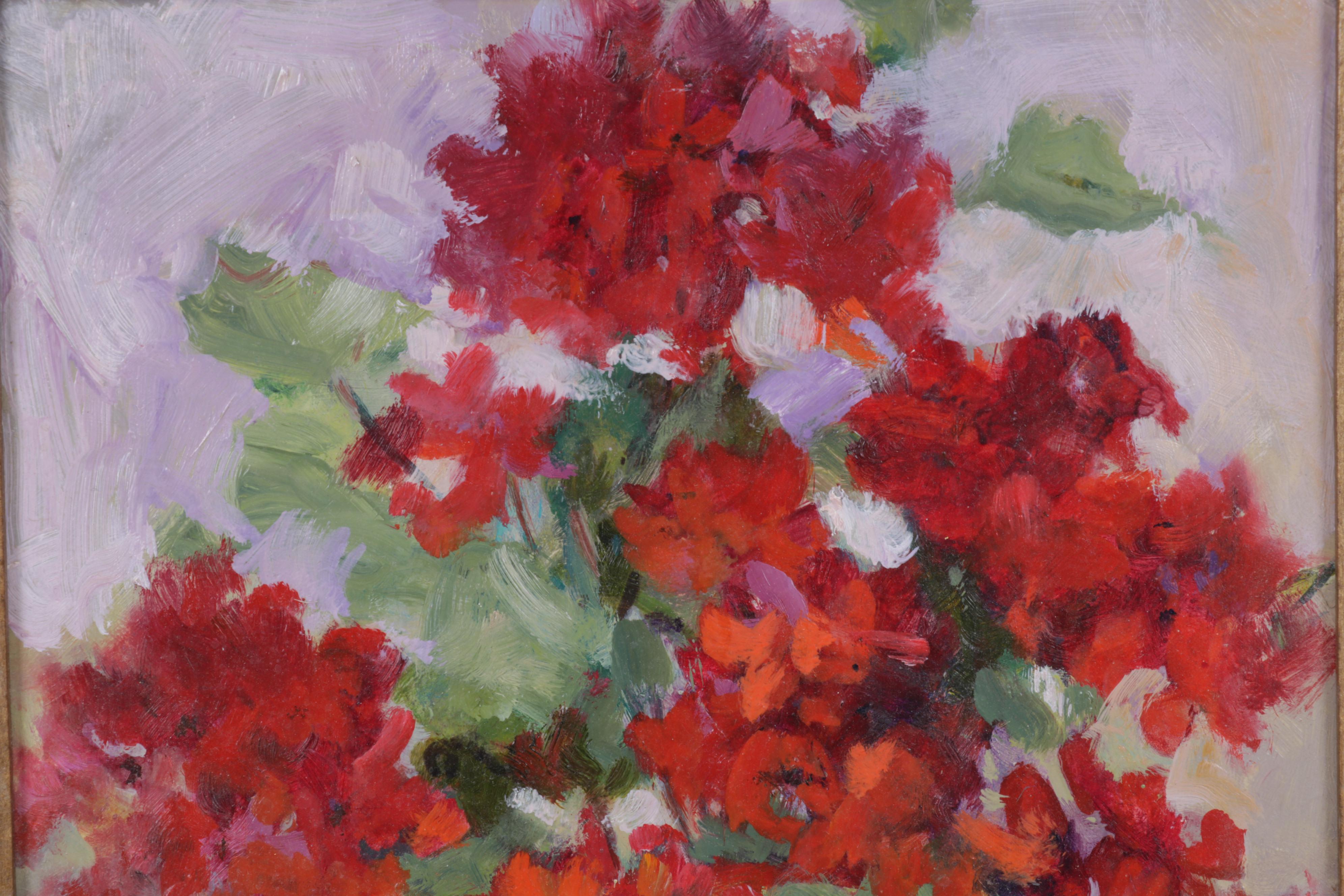 L. Schaefer Still Life Oil Painting of Red Flowers in Pot, Circa 2000