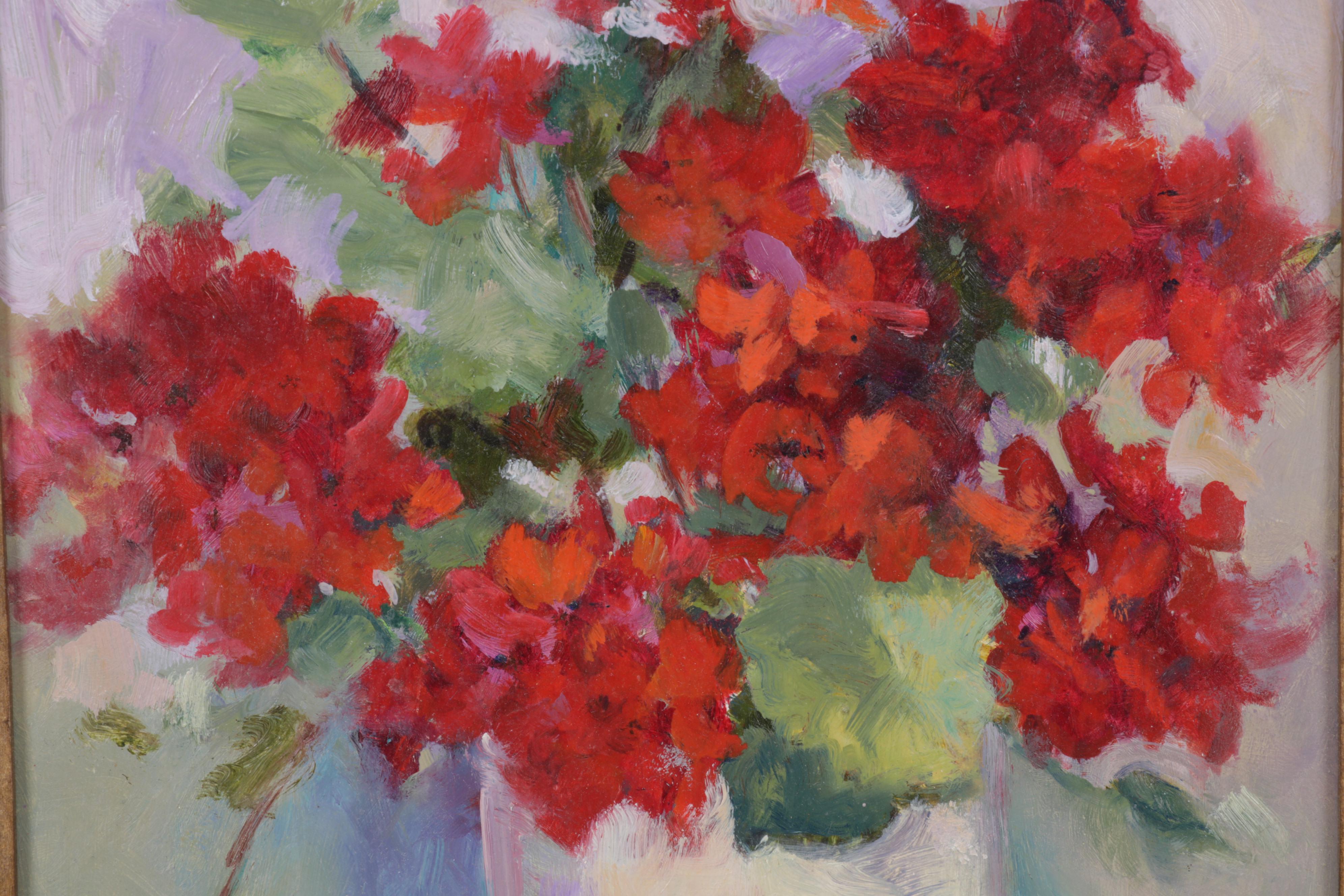 L. Schaefer Still Life Oil Painting of Red Flowers in Pot, Circa 2000