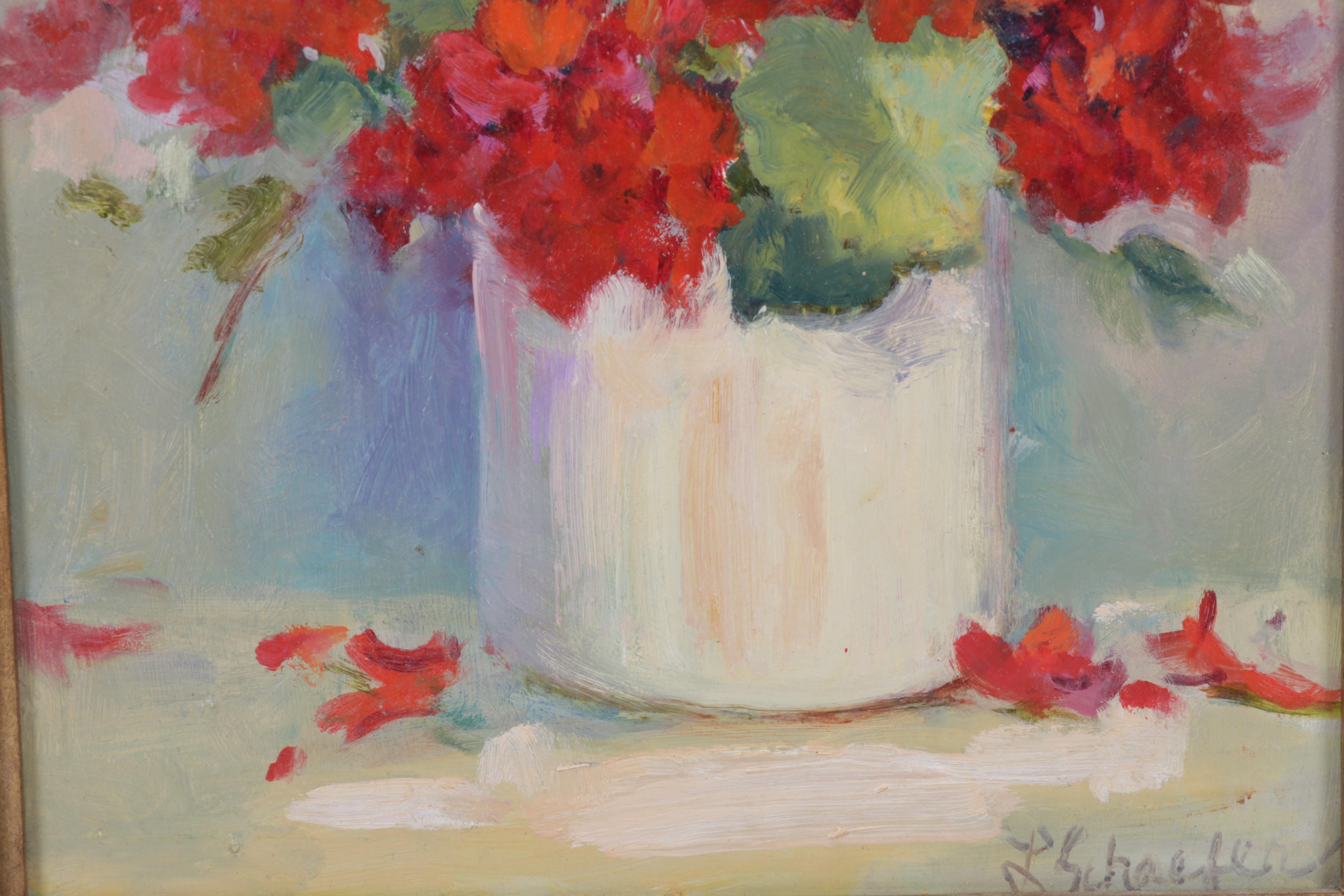 L. Schaefer Still Life Oil Painting of Red Flowers in Pot, Circa 2000
