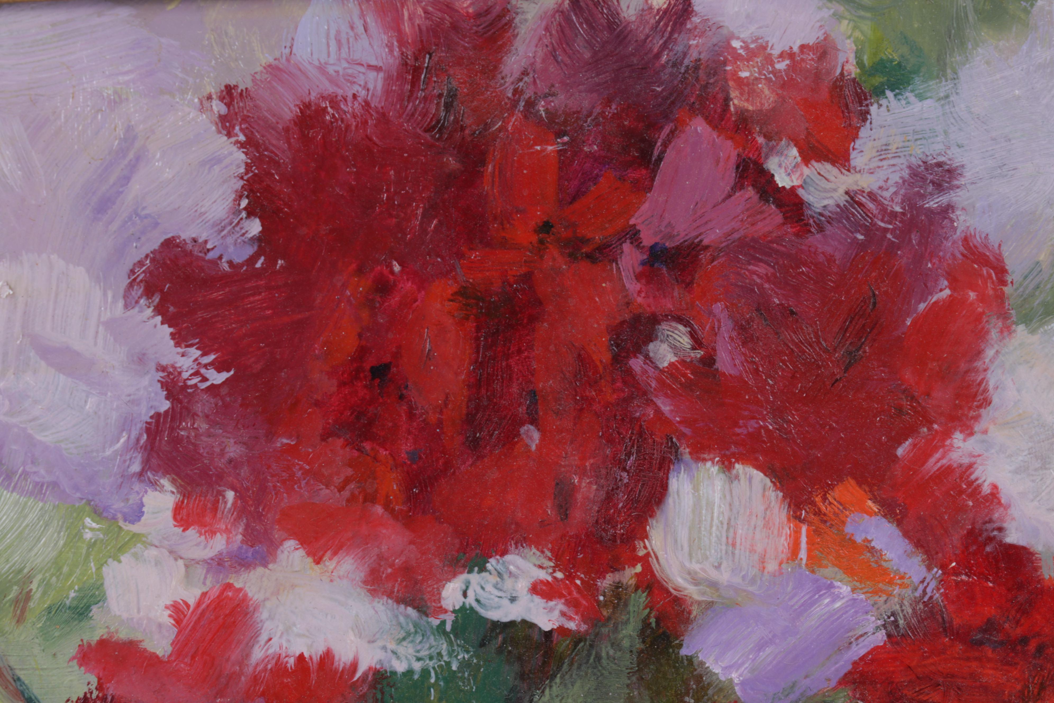 L. Schaefer Still Life Oil Painting of Red Flowers in Pot, Circa 2000