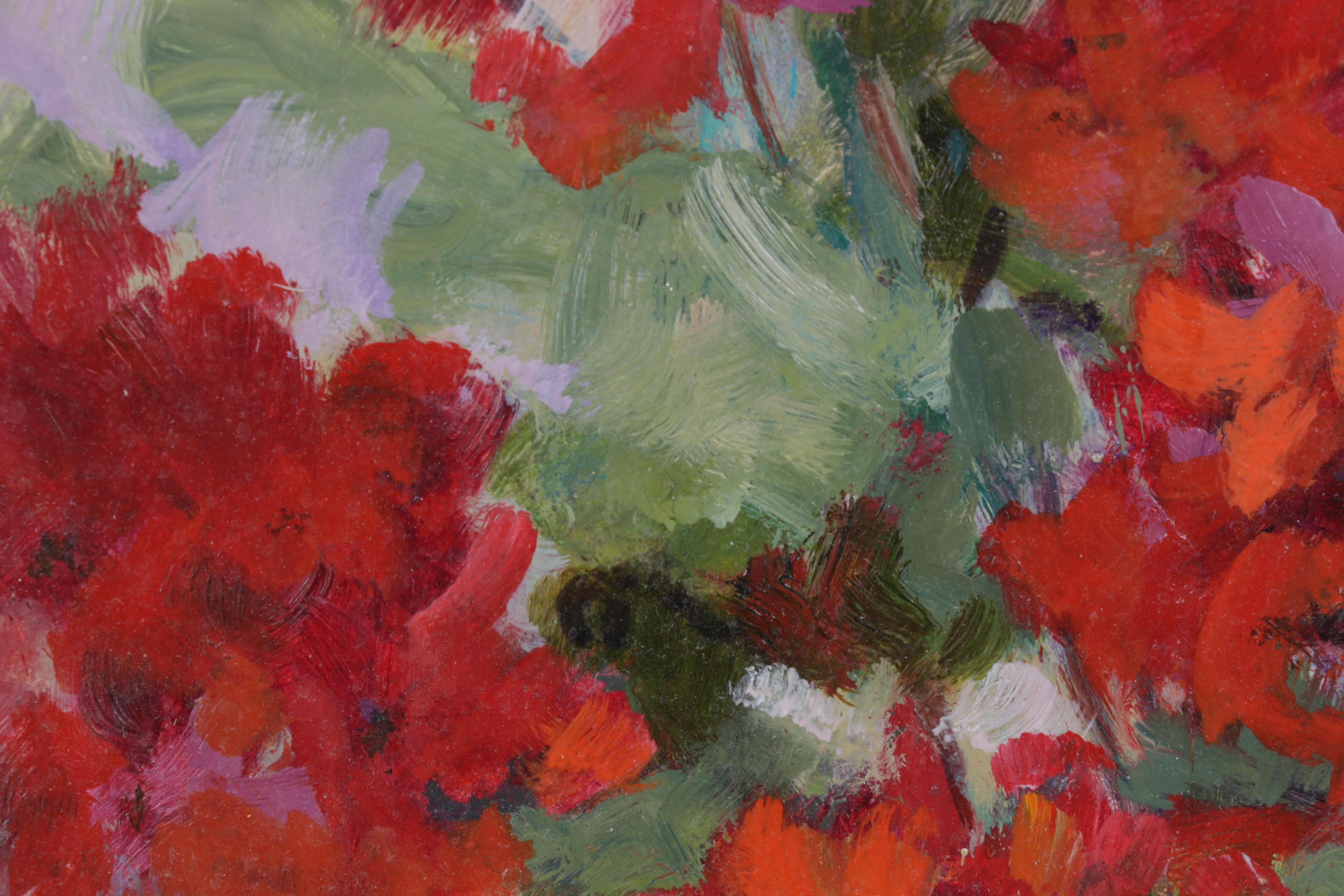 L. Schaefer Still Life Oil Painting of Red Flowers in Pot, Circa 2000