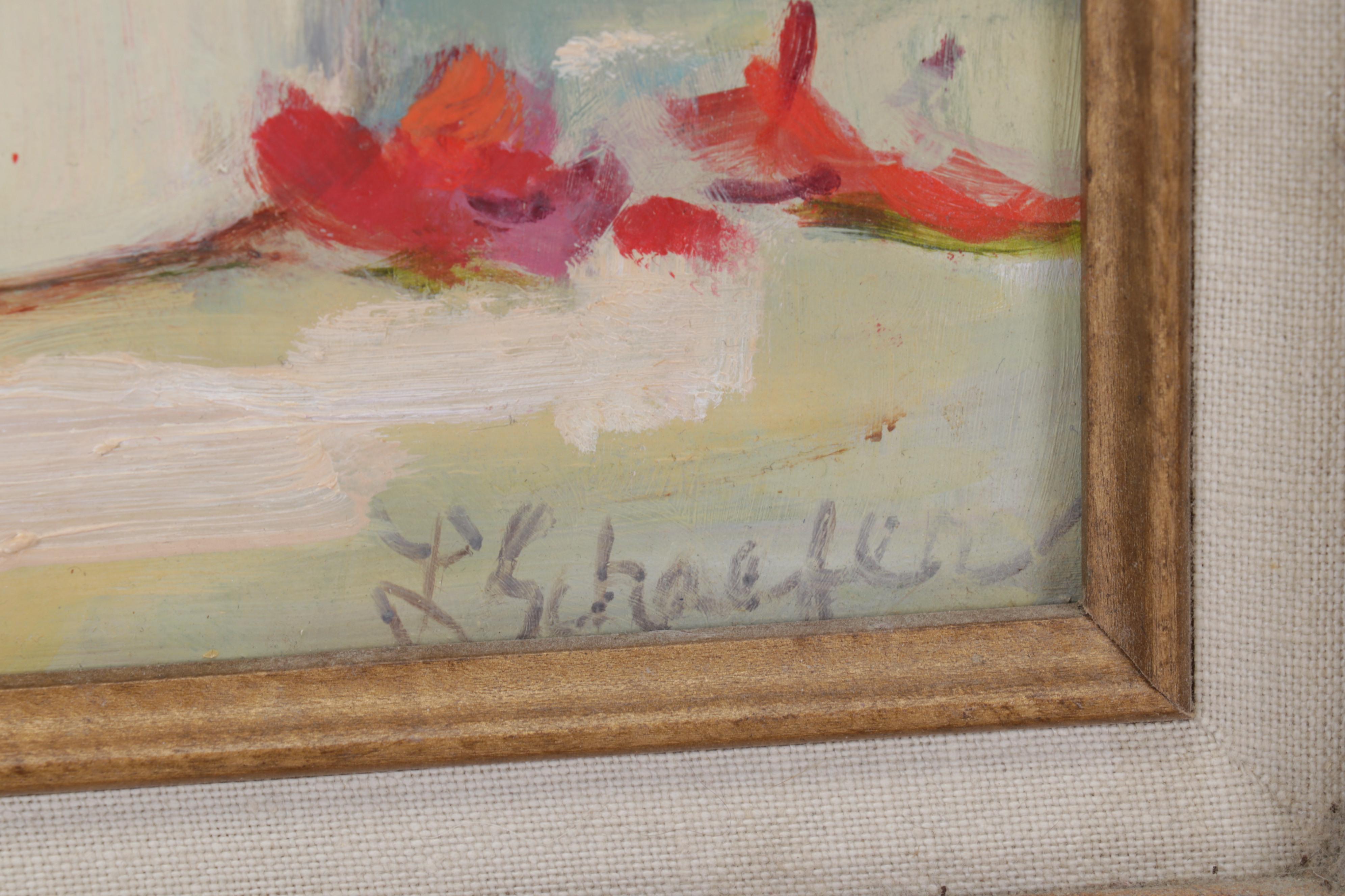 L. Schaefer Still Life Oil Painting of Red Flowers in Pot, Circa 2000