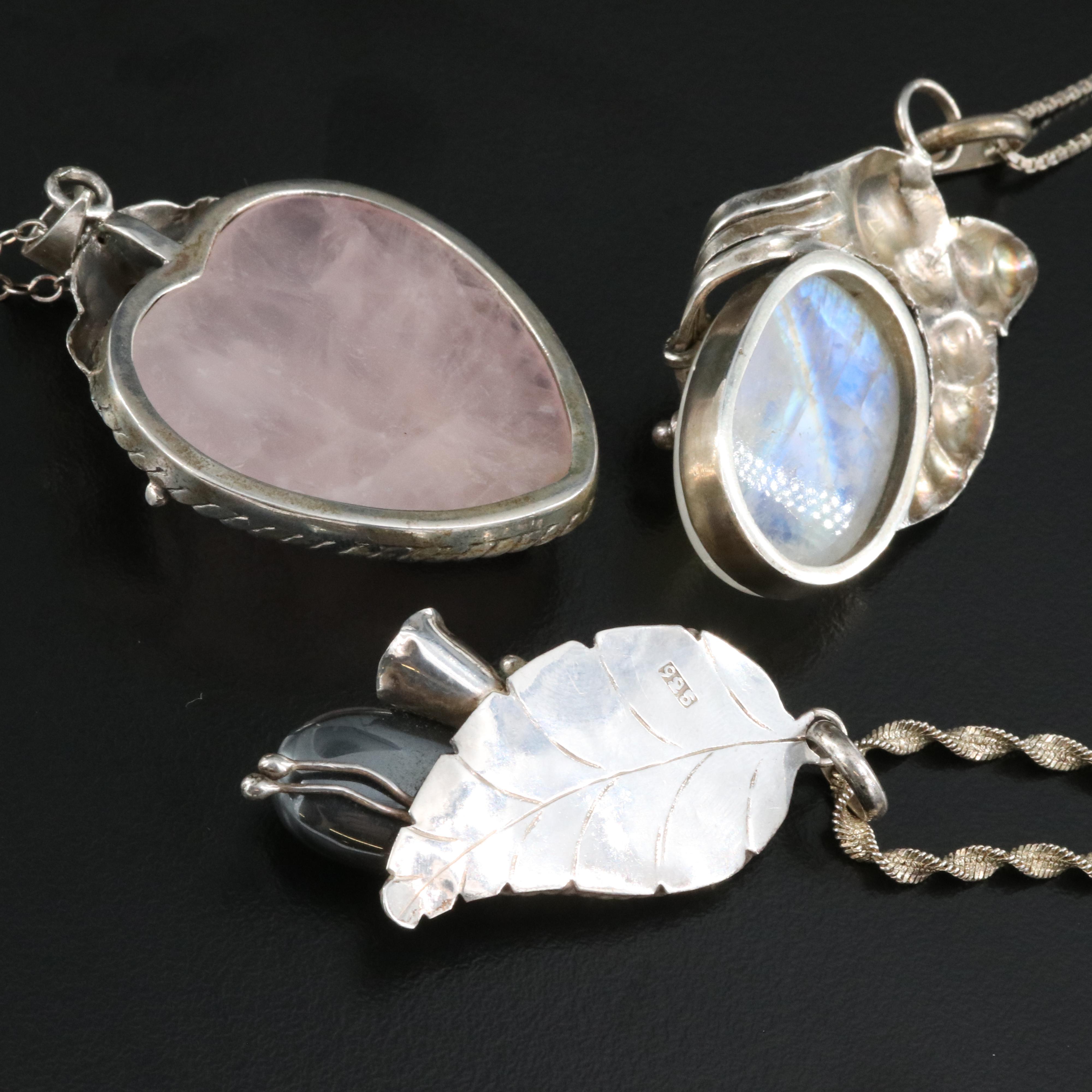 Sterling Pendant Necklaces Including Rainbow Moonstone, Rose Quartz and Garnet