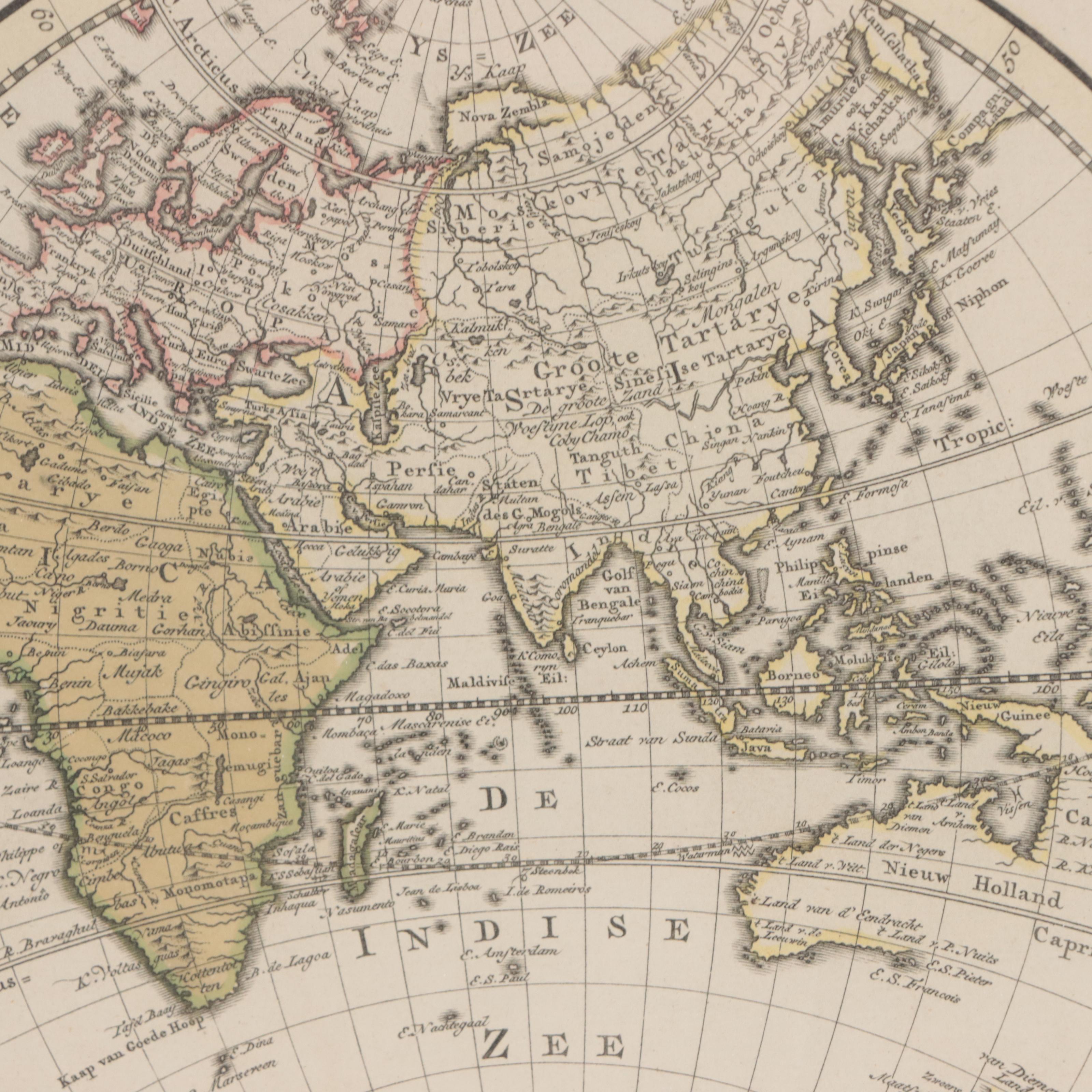 Isaak Tirion Hand-Colored Map "Wereld Kaart," 1744