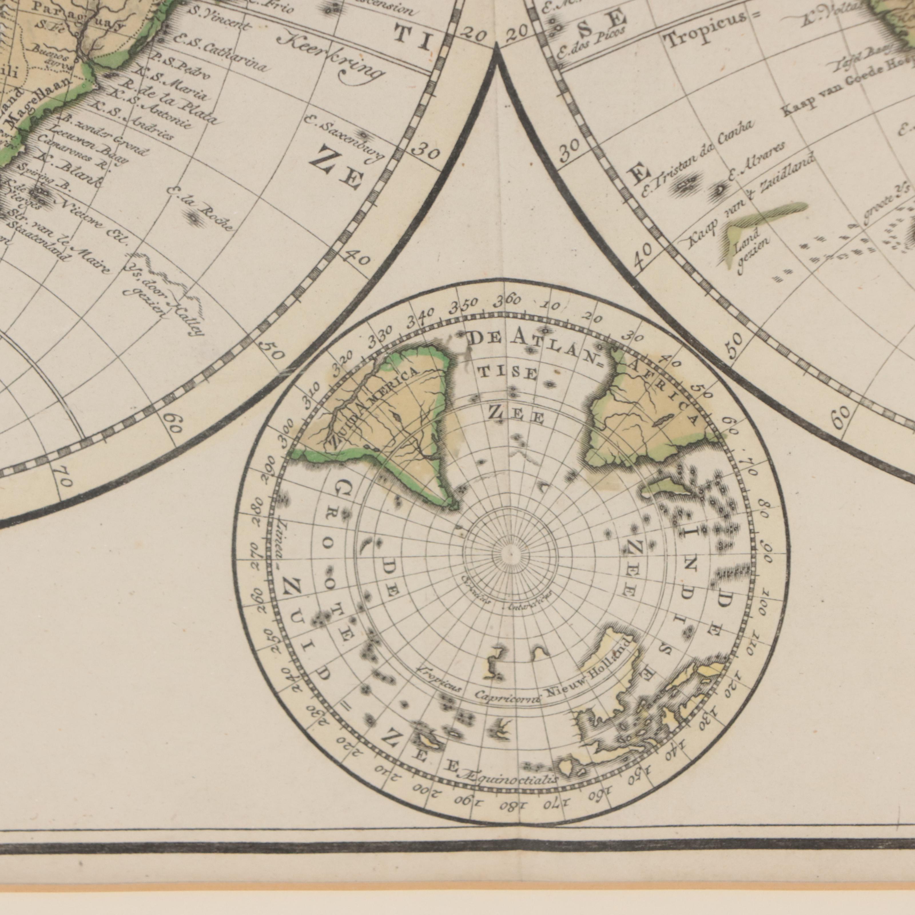 Isaak Tirion Hand-Colored Map "Wereld Kaart," 1744