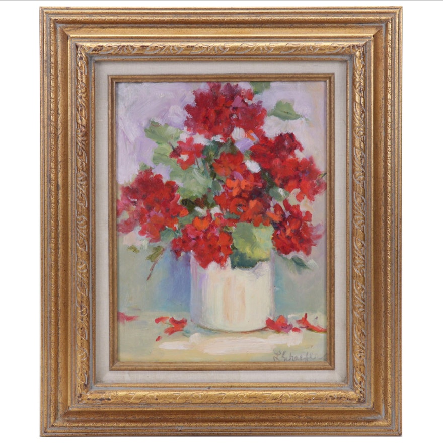 L. Schaefer Still Life Oil Painting of Red Flowers in Pot, Circa 2000