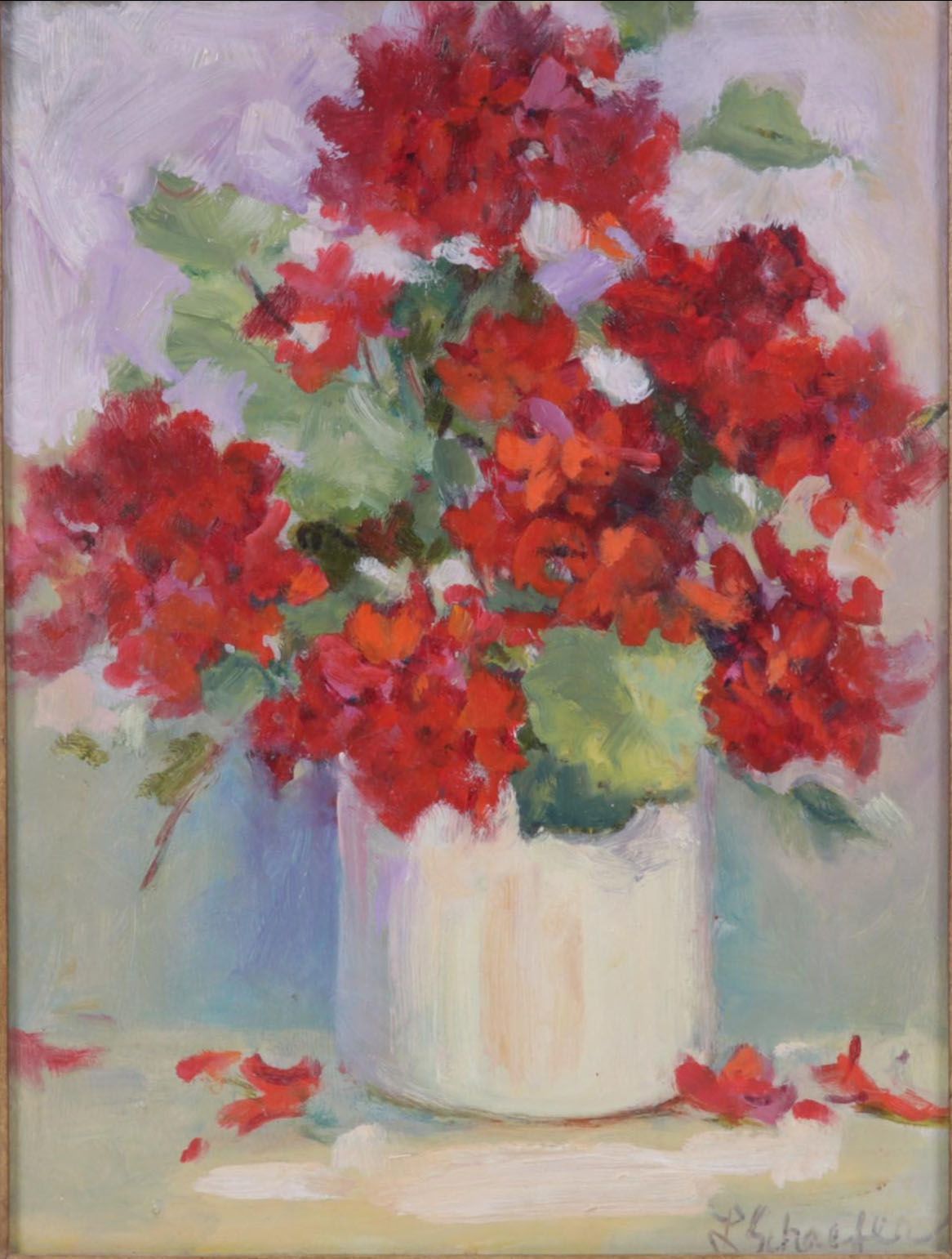 L. Schaefer Still Life Oil Painting of Red Flowers in Pot, Circa 2000