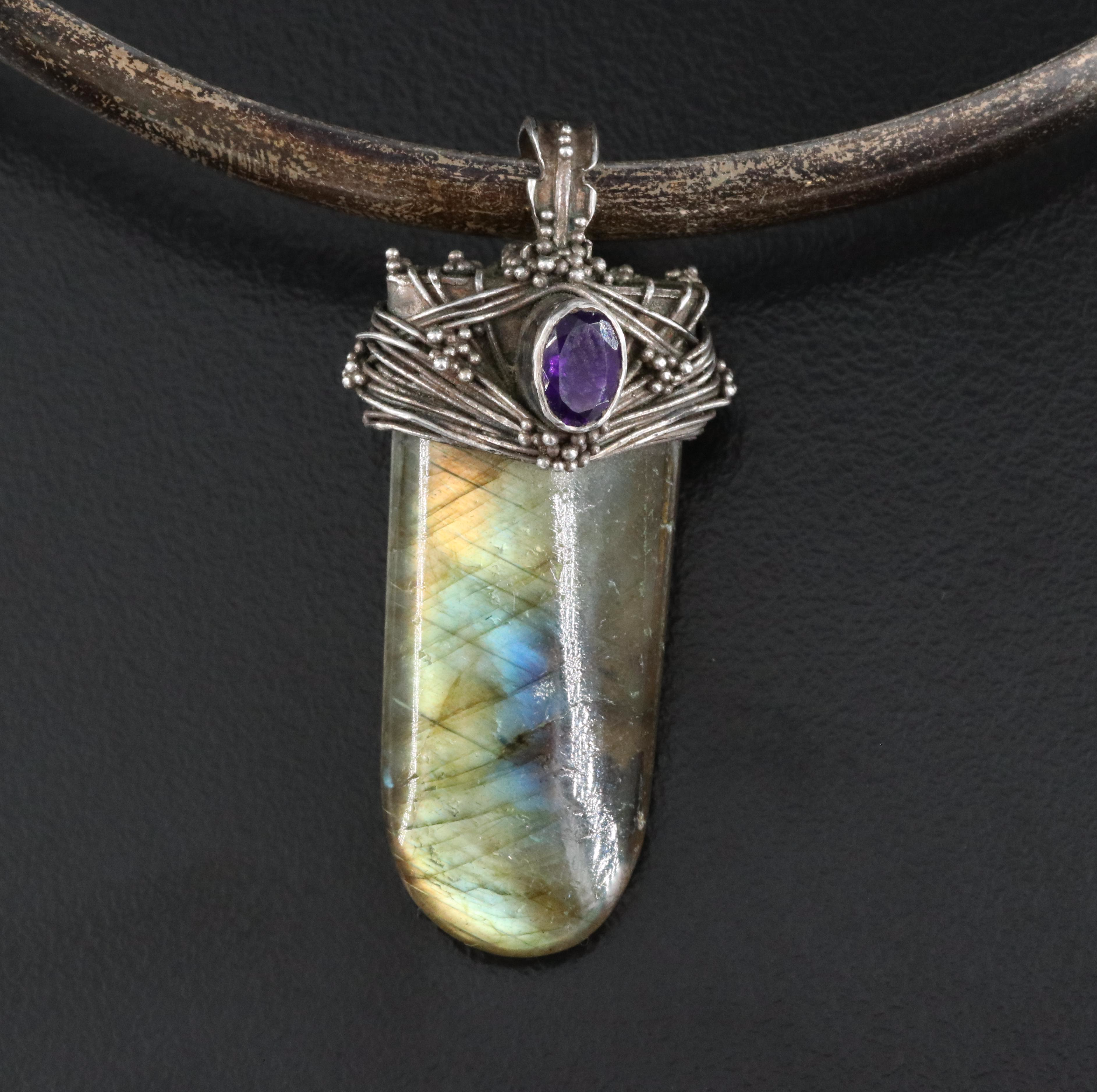 Sterling Labradorite and Amethyst Wirewrap Pendant on Collar