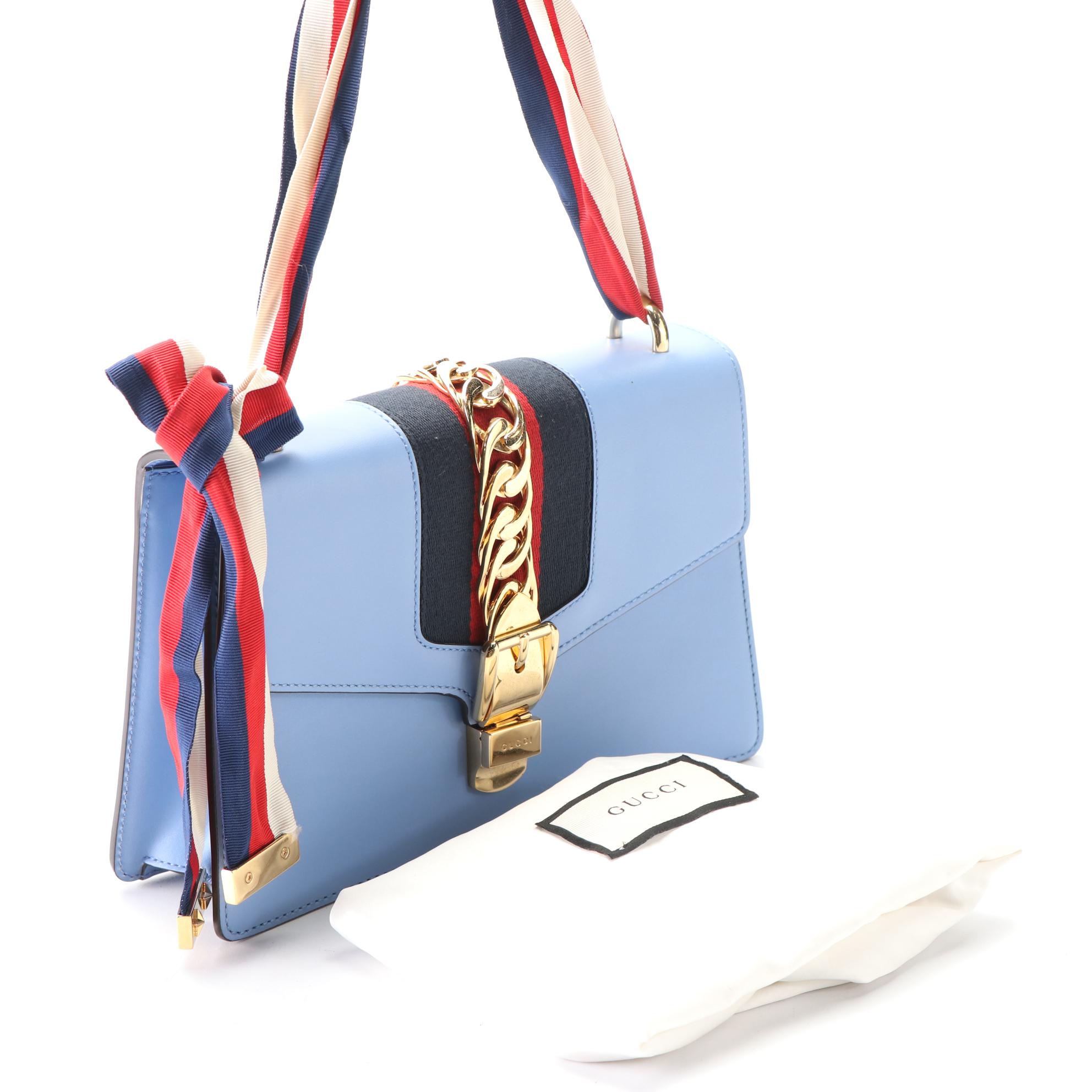 Gucci Sylvie Small Shoulder Bag in Blue Leather with Web Stripe Strap