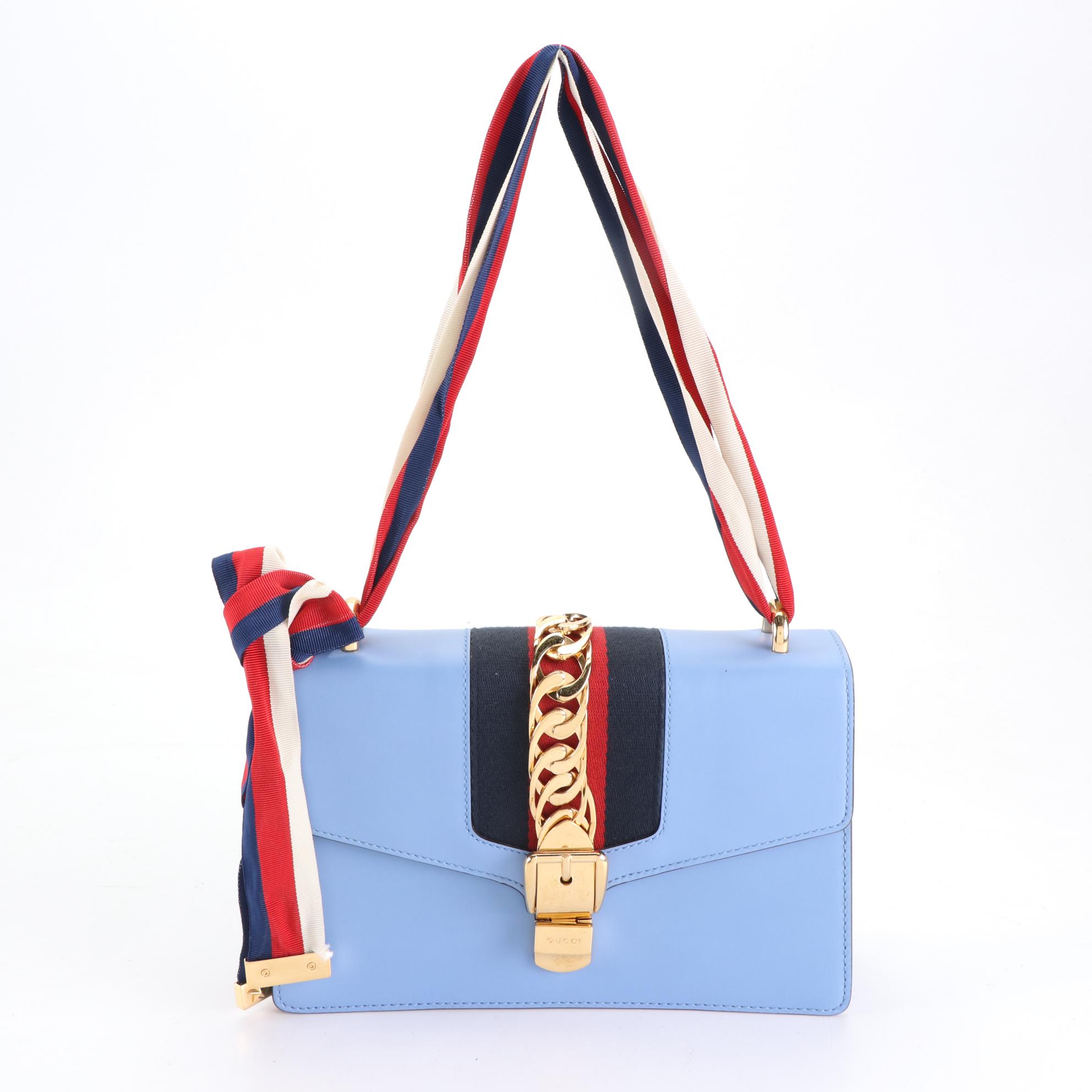 Gucci Sylvie Small Shoulder Bag in Blue Leather with Web Stripe Strap