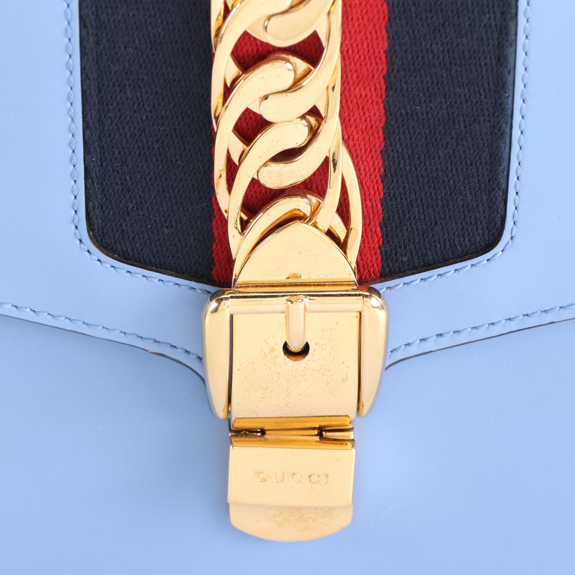 Gucci Sylvie Small Shoulder Bag in Blue Leather with Web Stripe Strap