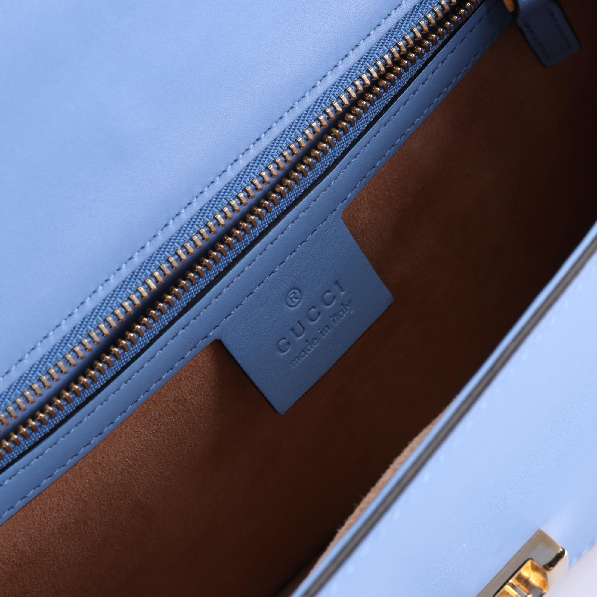 Gucci Sylvie Small Shoulder Bag in Blue Leather with Web Stripe Strap