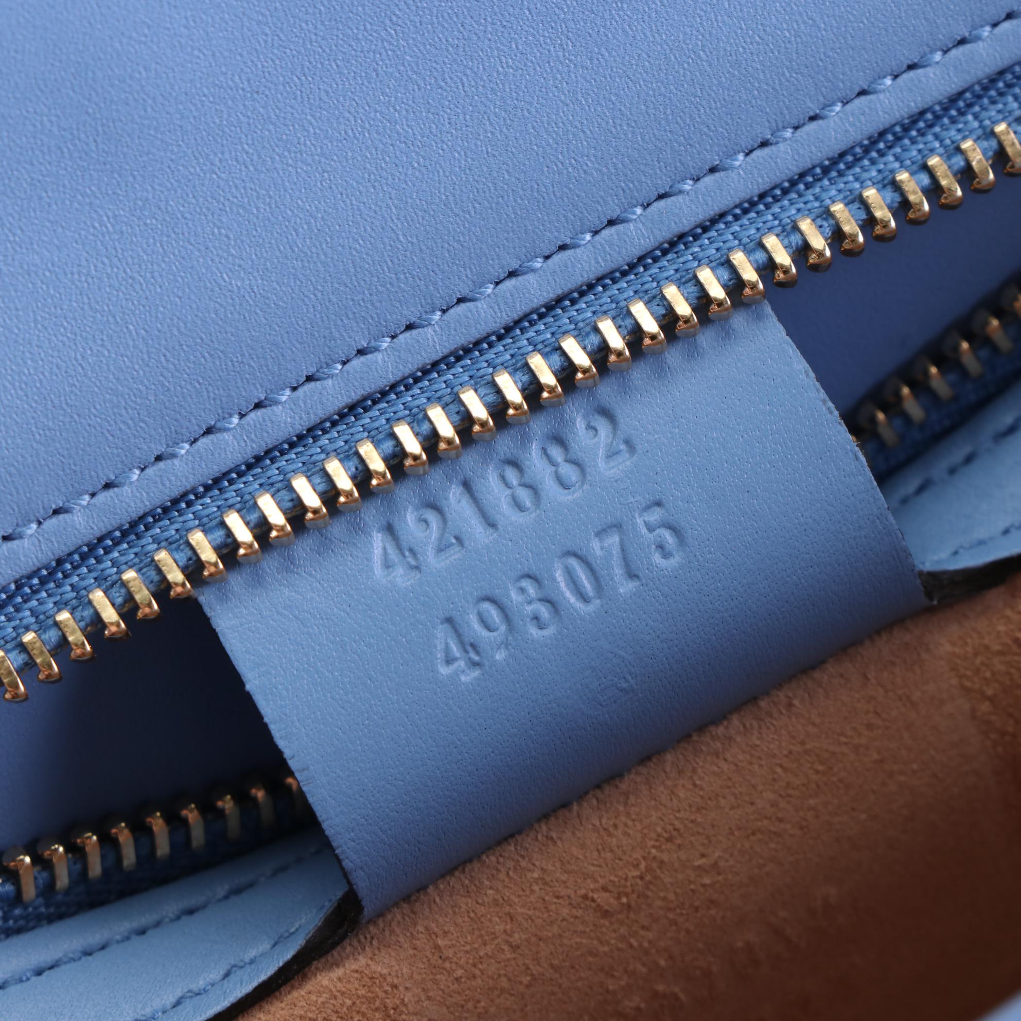 Gucci Sylvie Small Shoulder Bag in Blue Leather with Web Stripe Strap