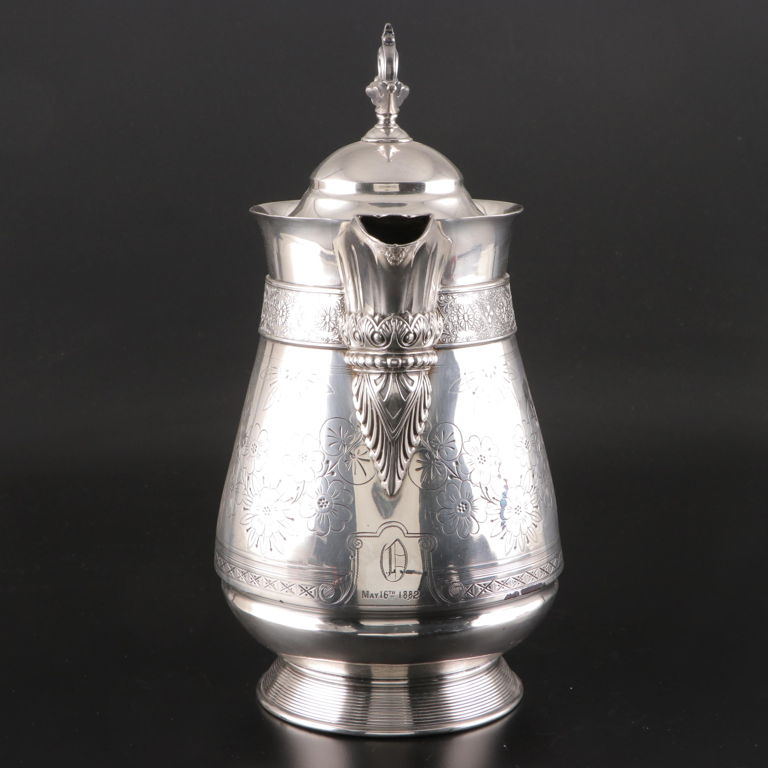 Victorian Aesthetic Movement Silver Plate Water Pitcher, 1882