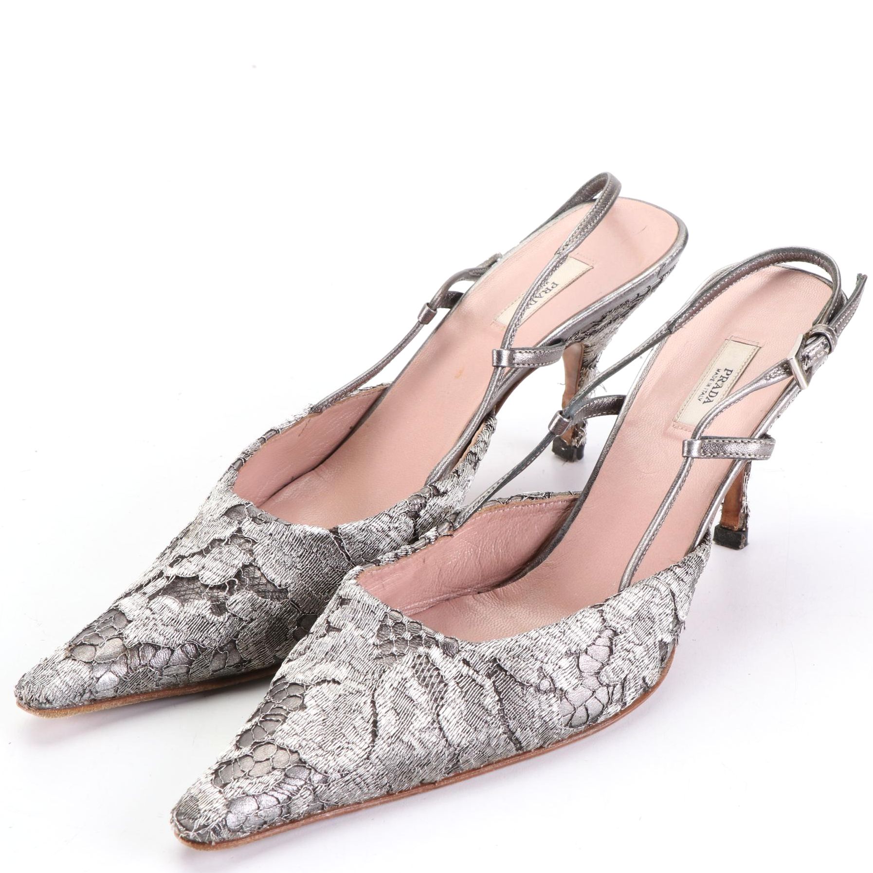 Prada Pointed Toe Slingbacks in Argento Silver Lace