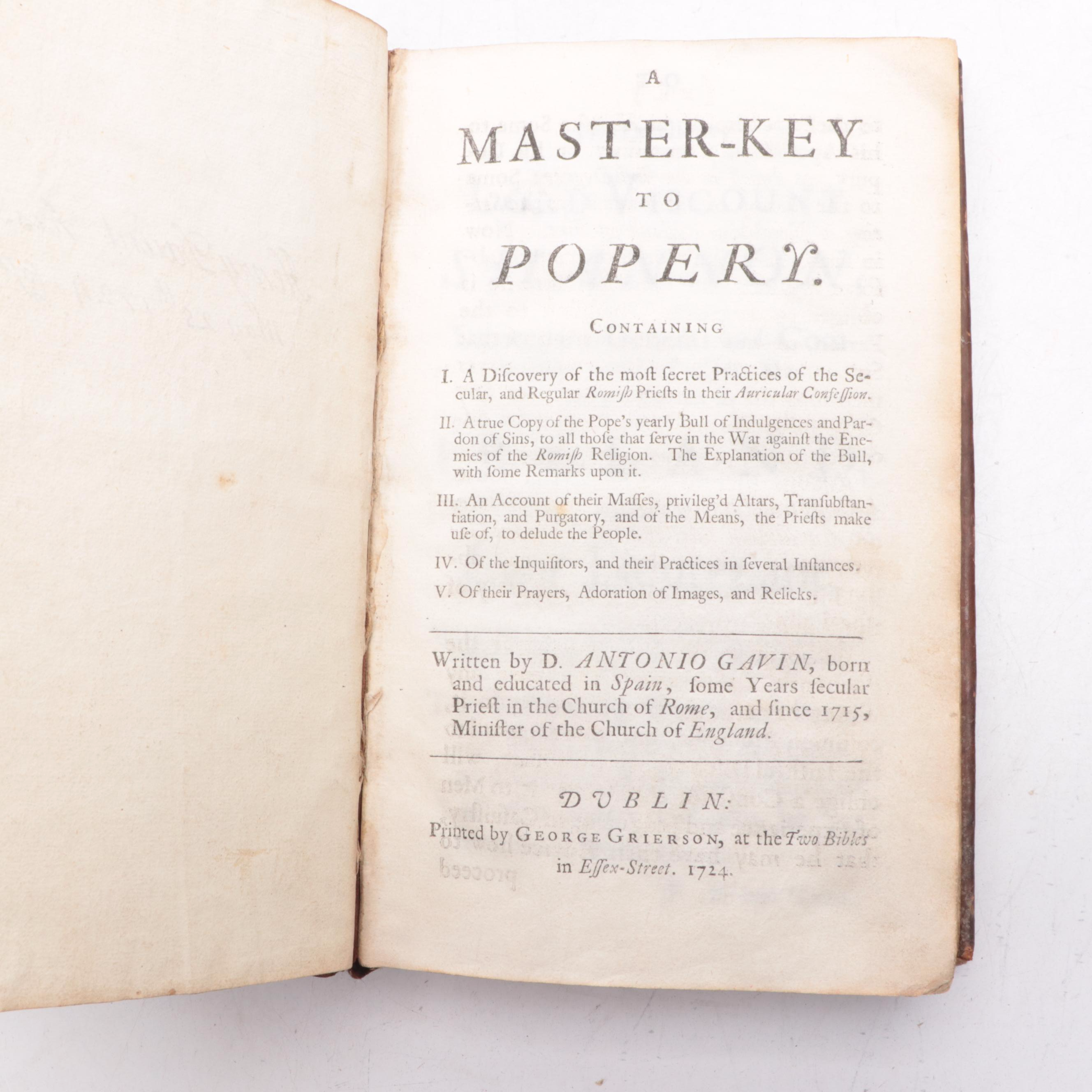 "A Master-Key to Popery" by D. Antonio Gavin, 1724