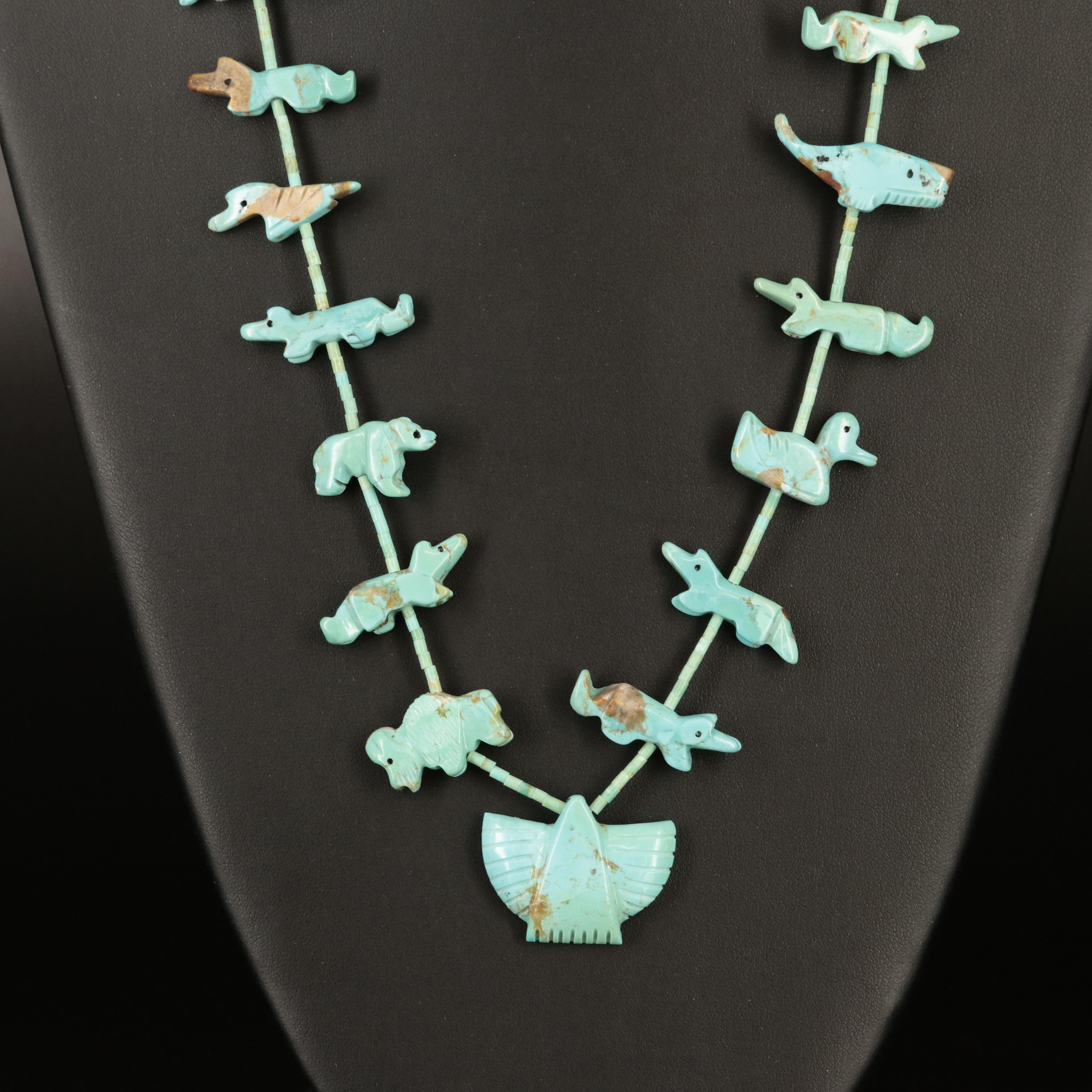 Southwestern Carved Faux Turquoise Fetish Necklace with Sterling Clasp