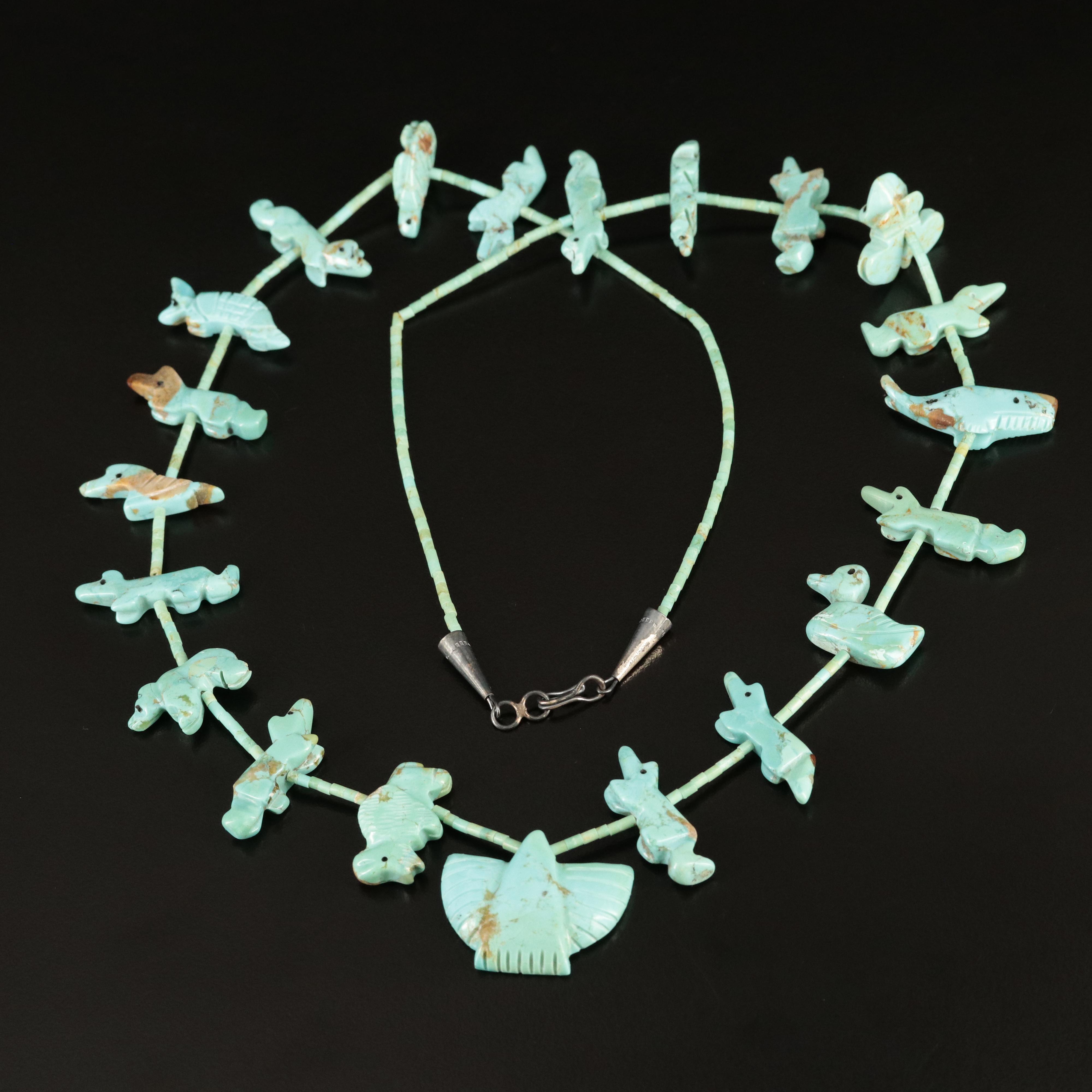 Southwestern Carved Faux Turquoise Fetish Necklace with Sterling Clasp