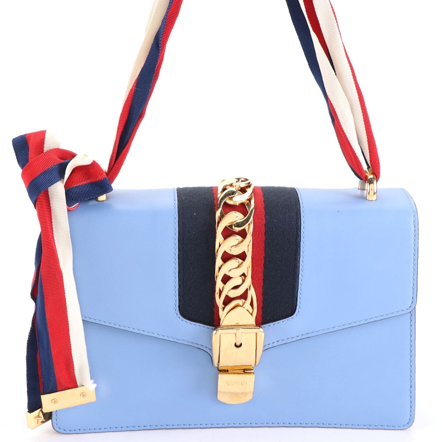 Gucci Sylvie Small Shoulder Bag in Blue Leather with Web Stripe Strap