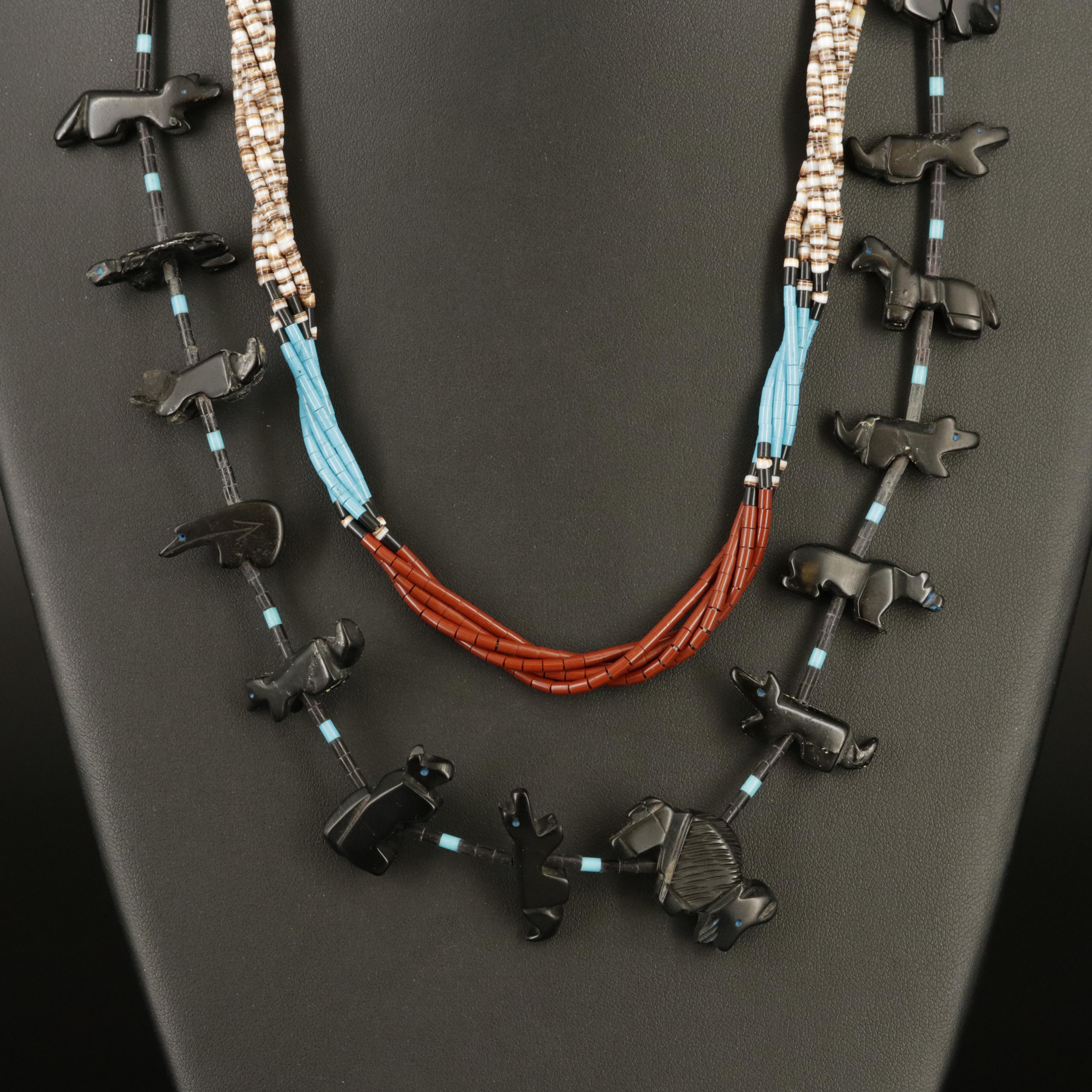 Southwestern Sterling Faux Onyx, Shell and Faux Turquoise Fetish Necklace