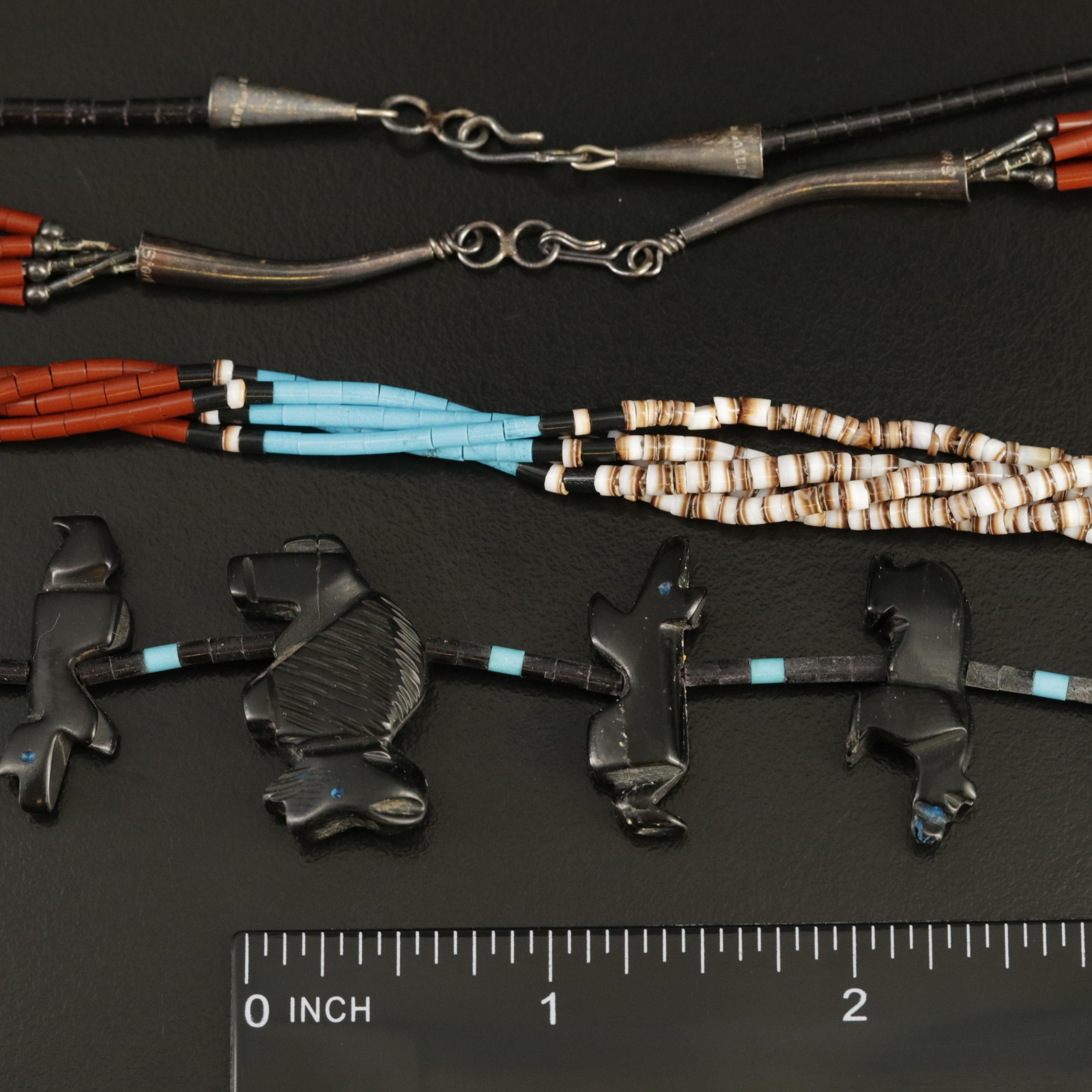 Southwestern Sterling Faux Onyx, Shell and Faux Turquoise Fetish Necklace