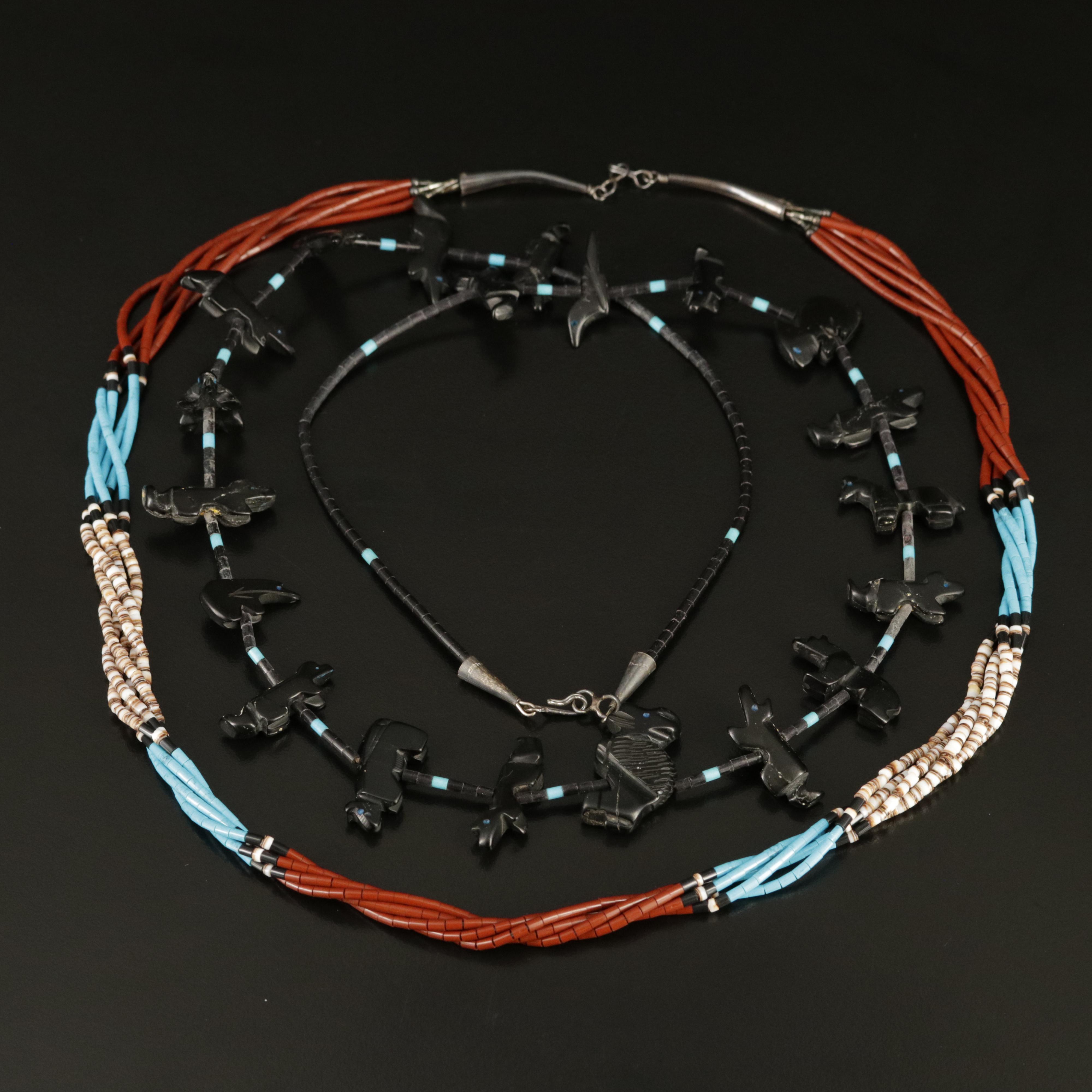 Southwestern Sterling Faux Onyx, Shell and Faux Turquoise Fetish Necklace