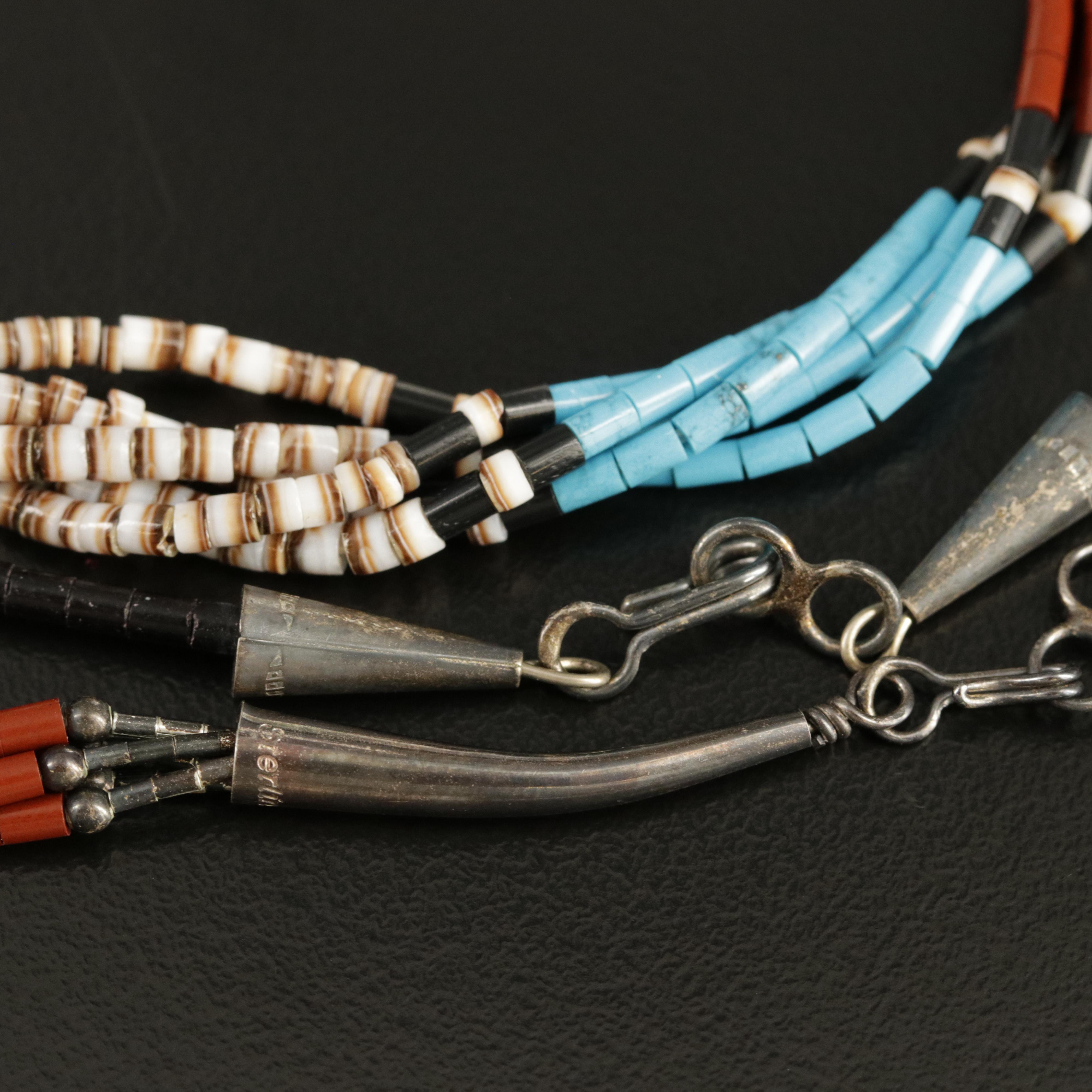 Southwestern Sterling Faux Onyx, Shell and Faux Turquoise Fetish Necklace