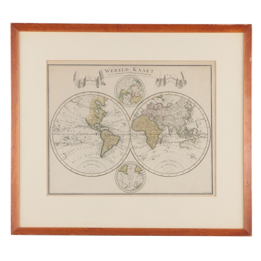 Isaak Tirion Hand-Colored Map "Wereld Kaart," 1744
