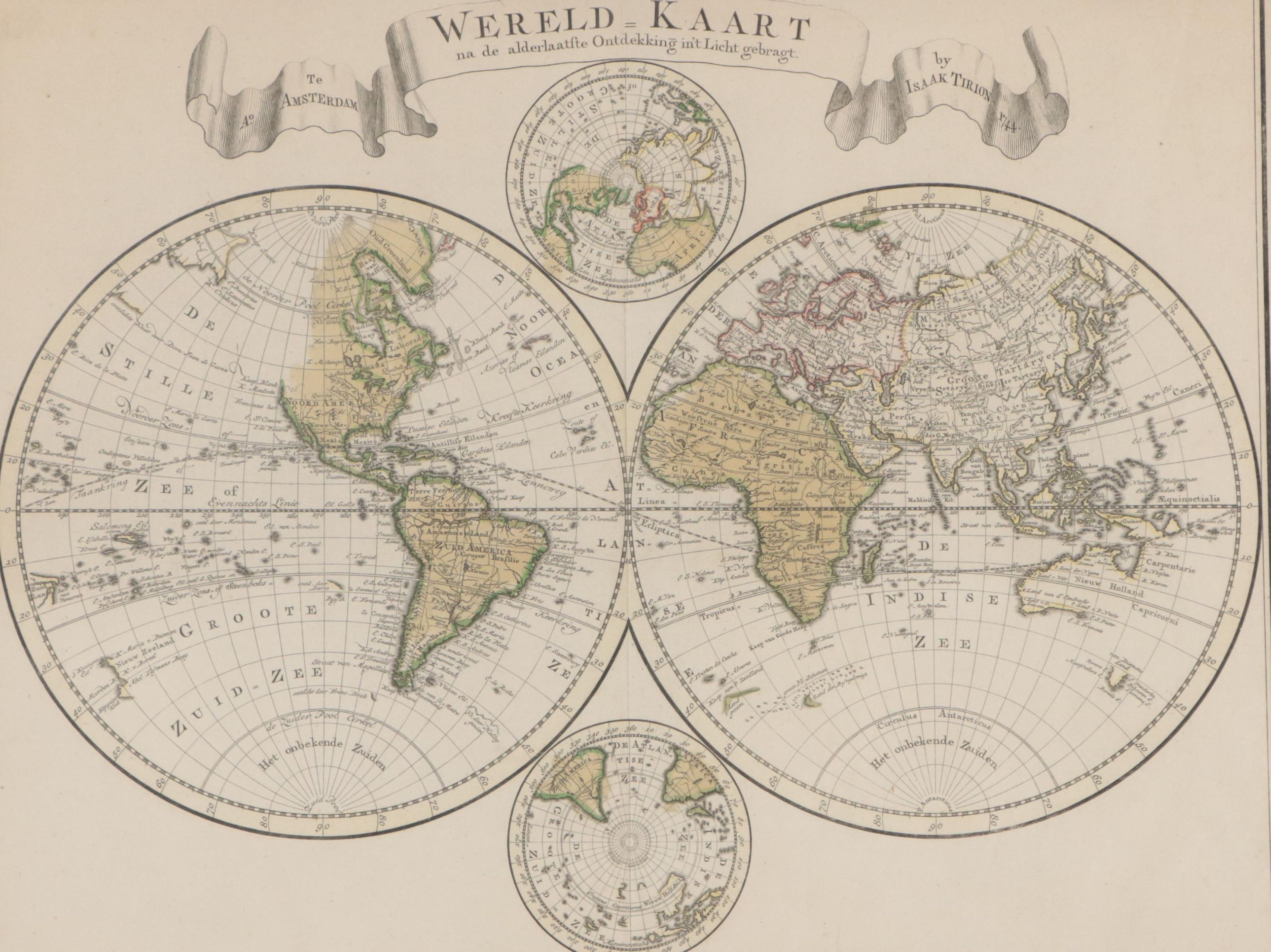 Isaak Tirion Hand-Colored Map "Wereld Kaart," 1744