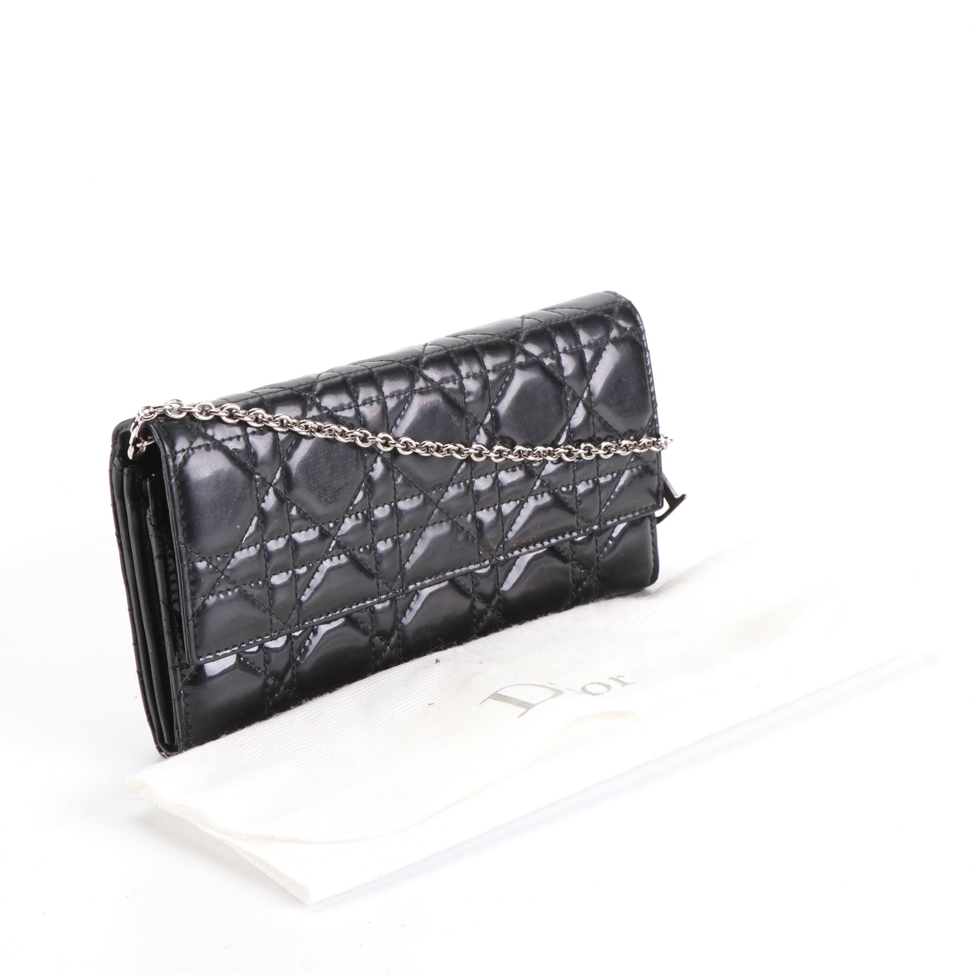 Christian Dior Wallet on Chain in Black Cannage Quilted Patent Leather