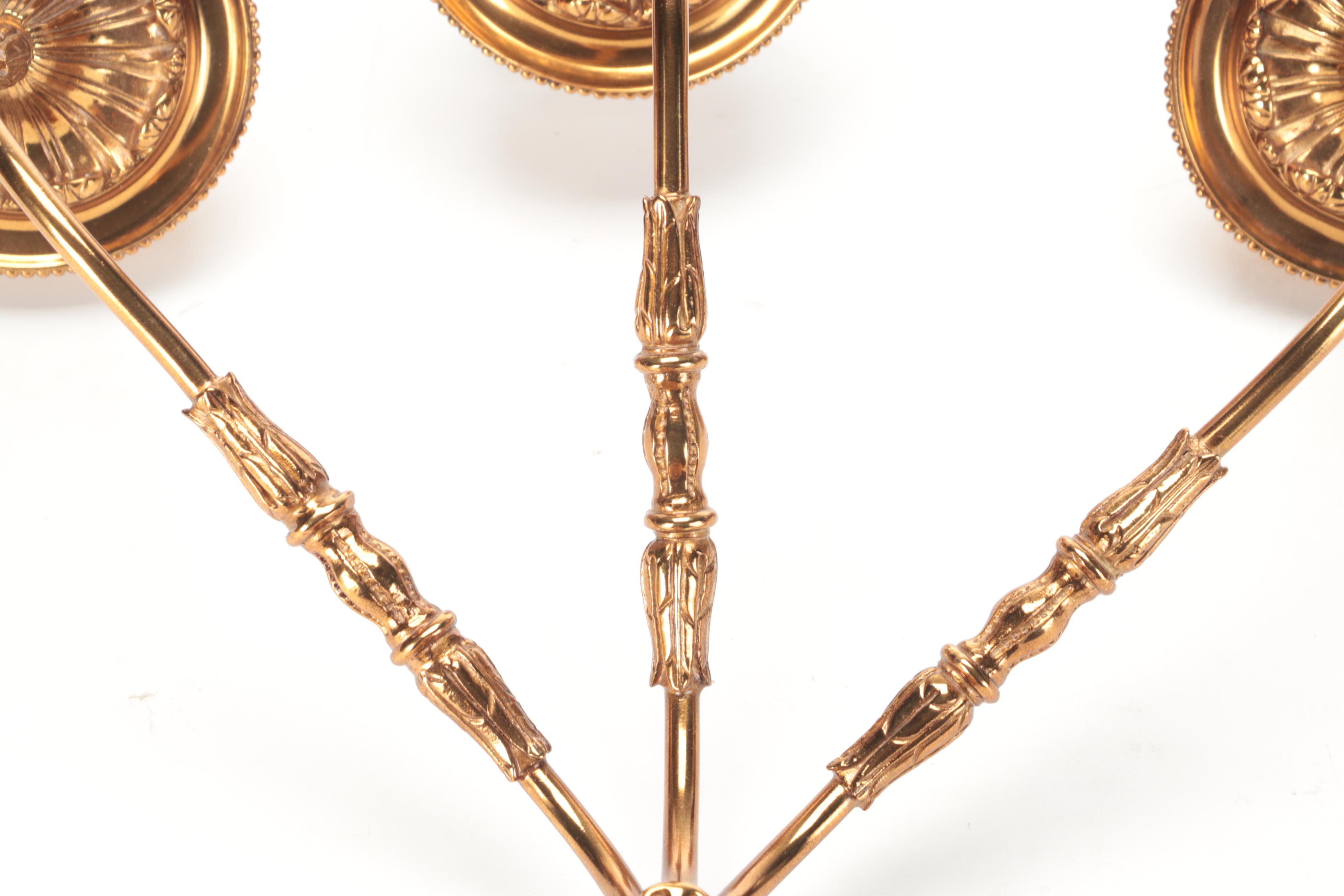 La Barge Neoclassical Three-Arm Brass Wall Candle Sconces, 21st Century