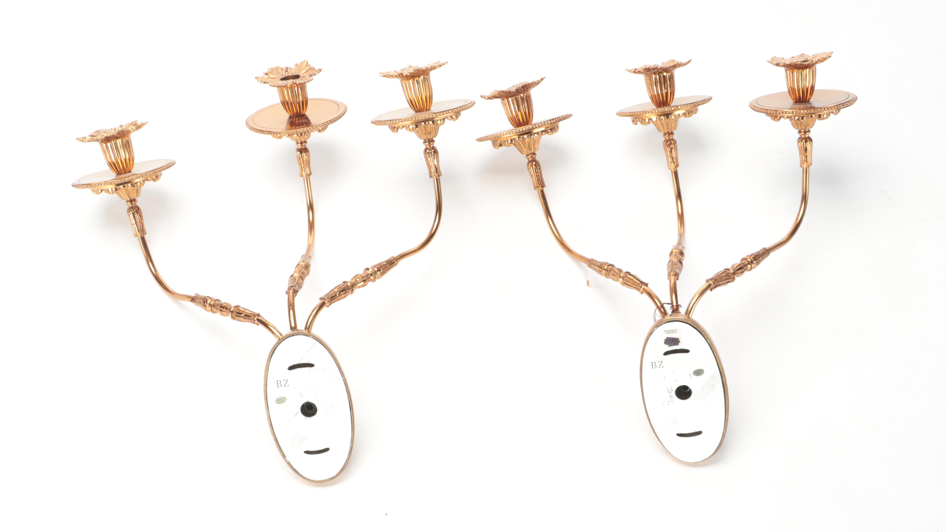 La Barge Neoclassical Three-Arm Brass Wall Candle Sconces, 21st Century