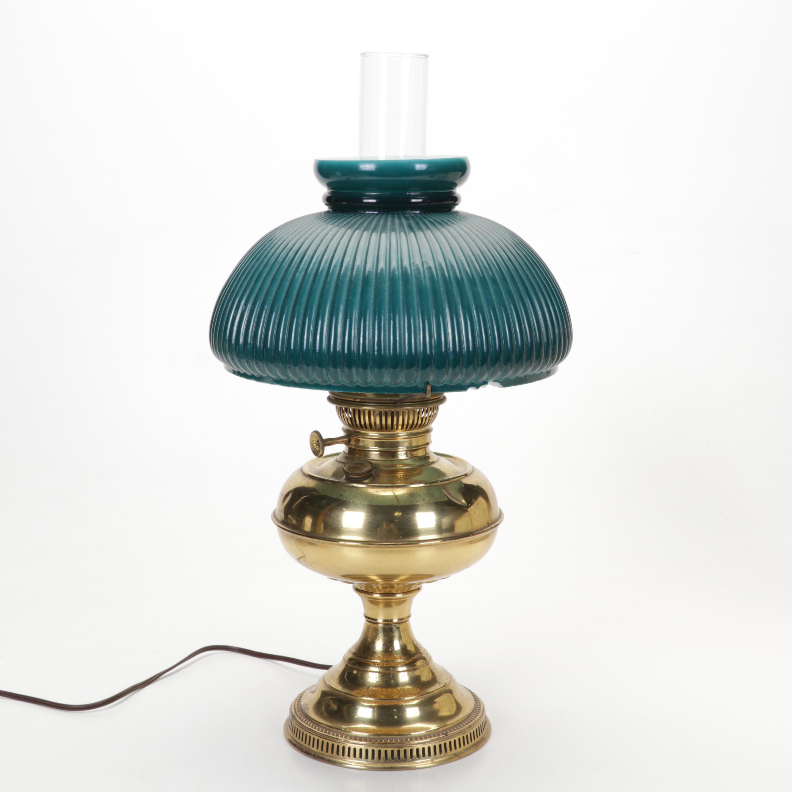 Brass Electrified Oil Lamp with Glass Shade an 1862 Framed Handwritten Letters