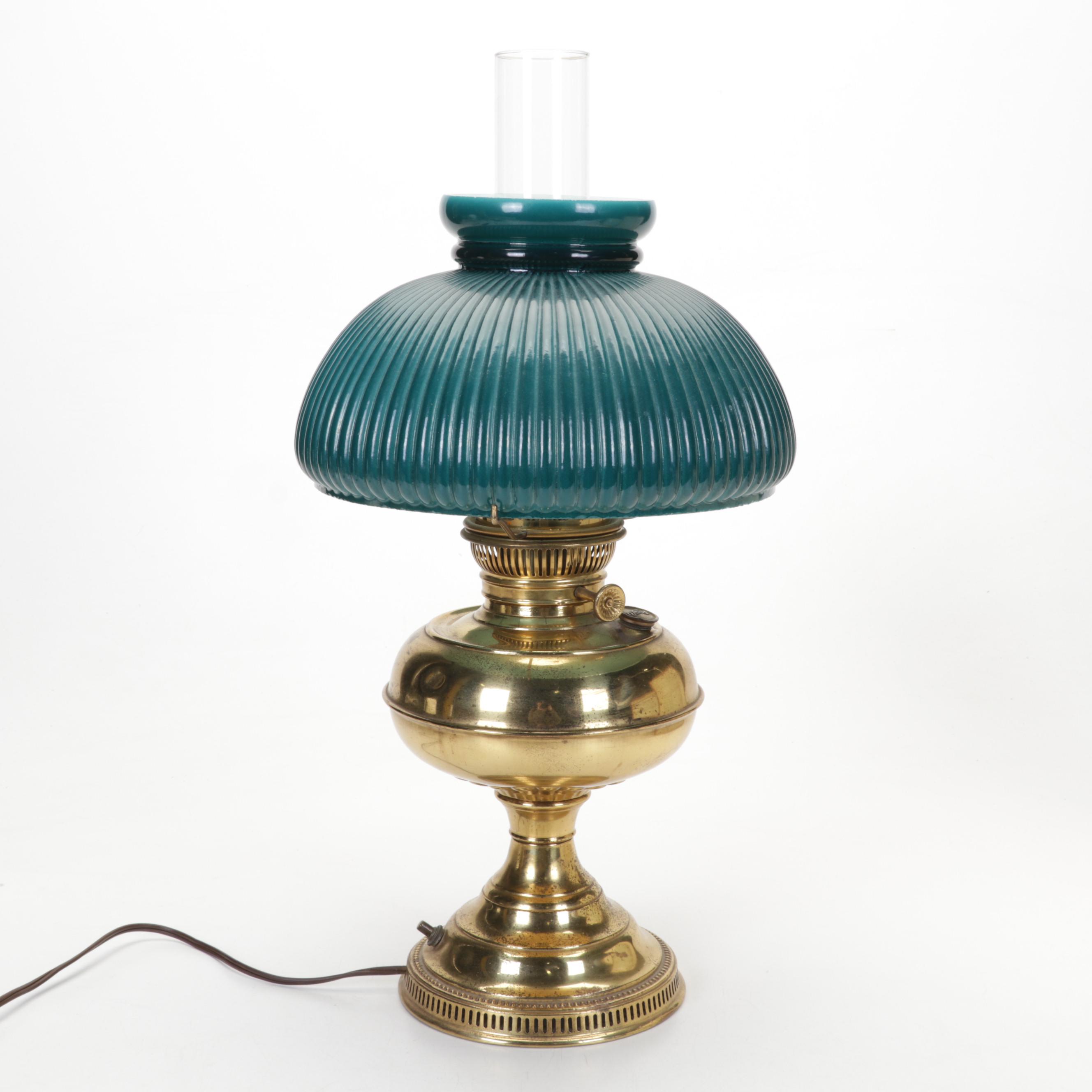 Brass Electrified Oil Lamp with Glass Shade an 1862 Framed Handwritten Letters