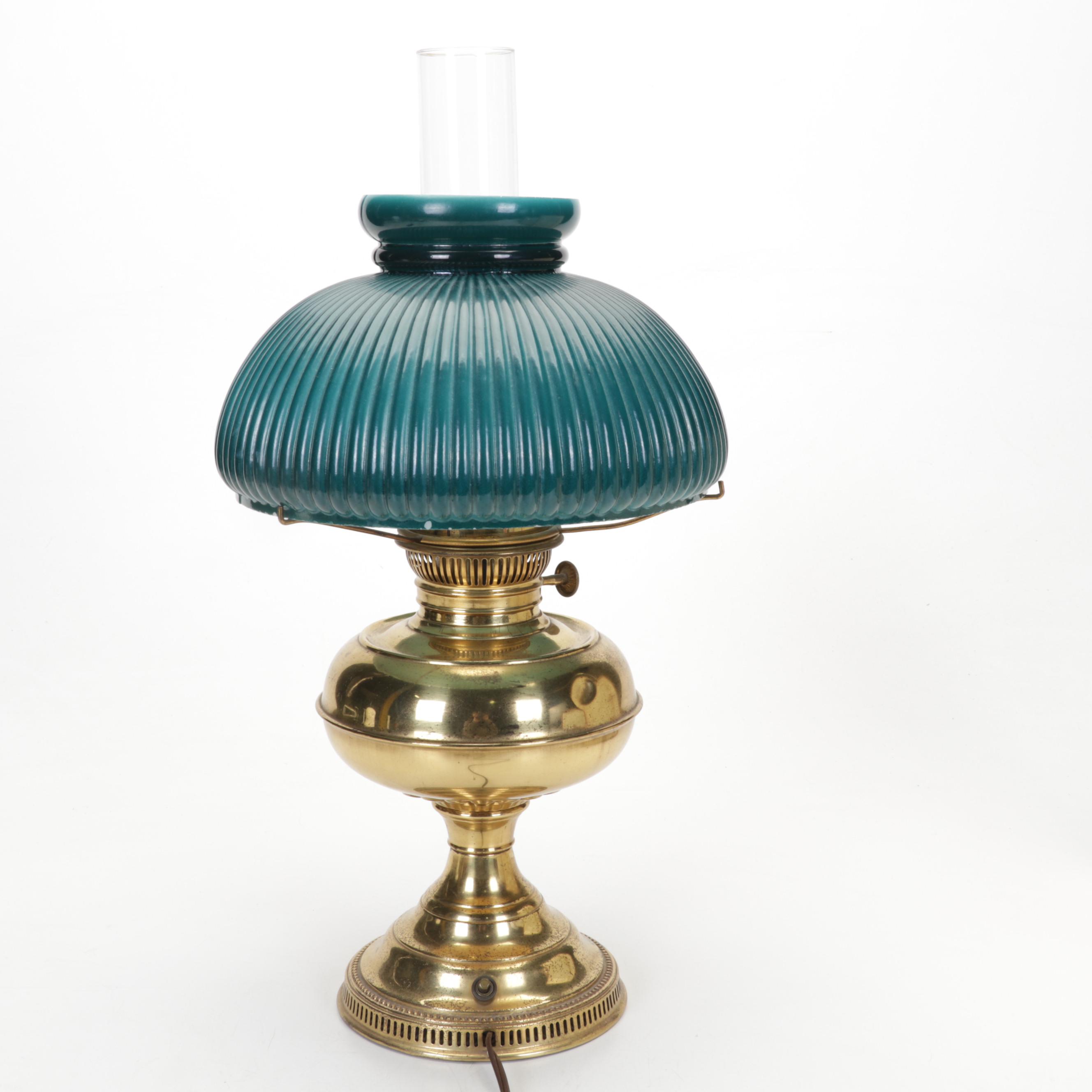 Brass Electrified Oil Lamp with Glass Shade an 1862 Framed Handwritten Letters