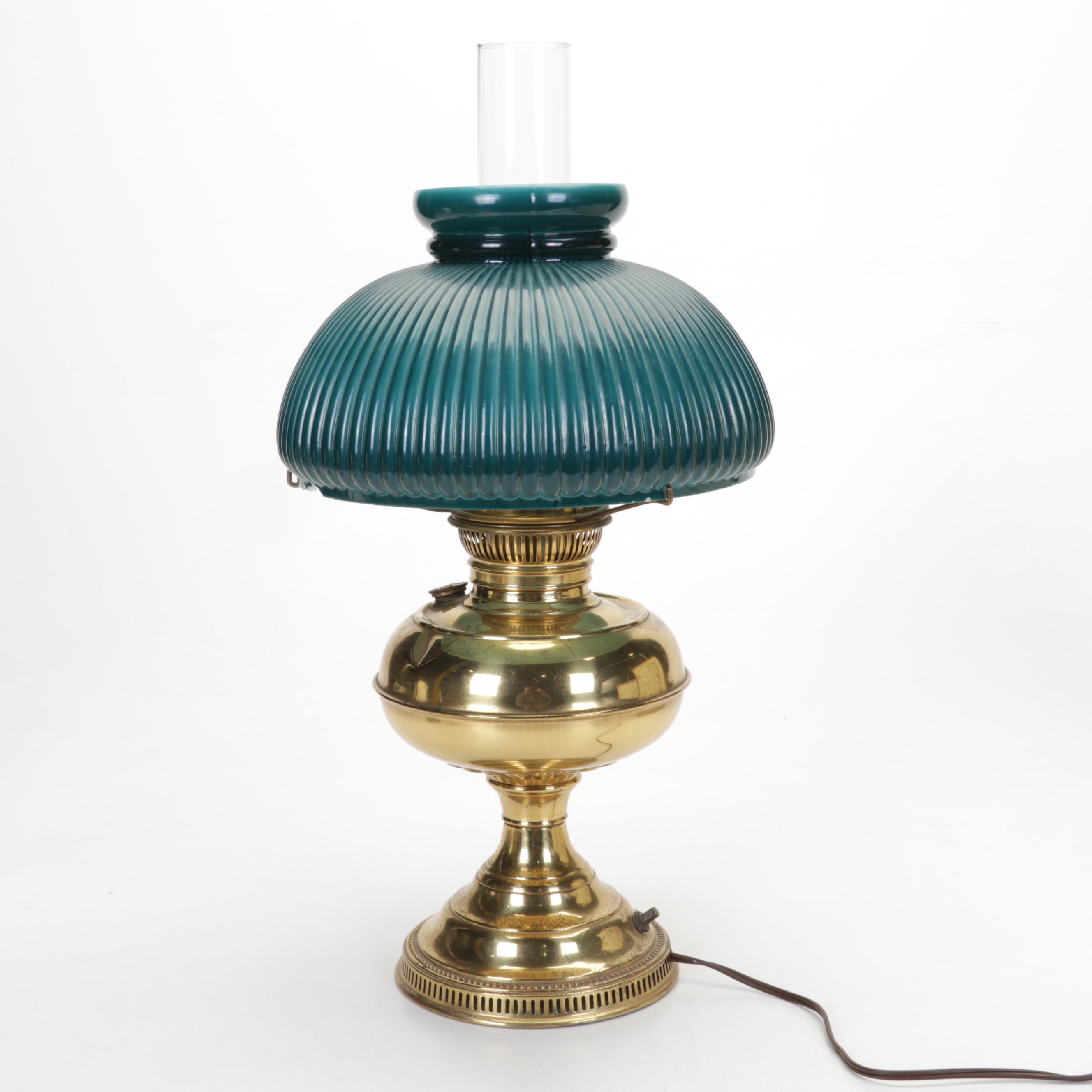 Brass Electrified Oil Lamp with Glass Shade an 1862 Framed Handwritten Letters