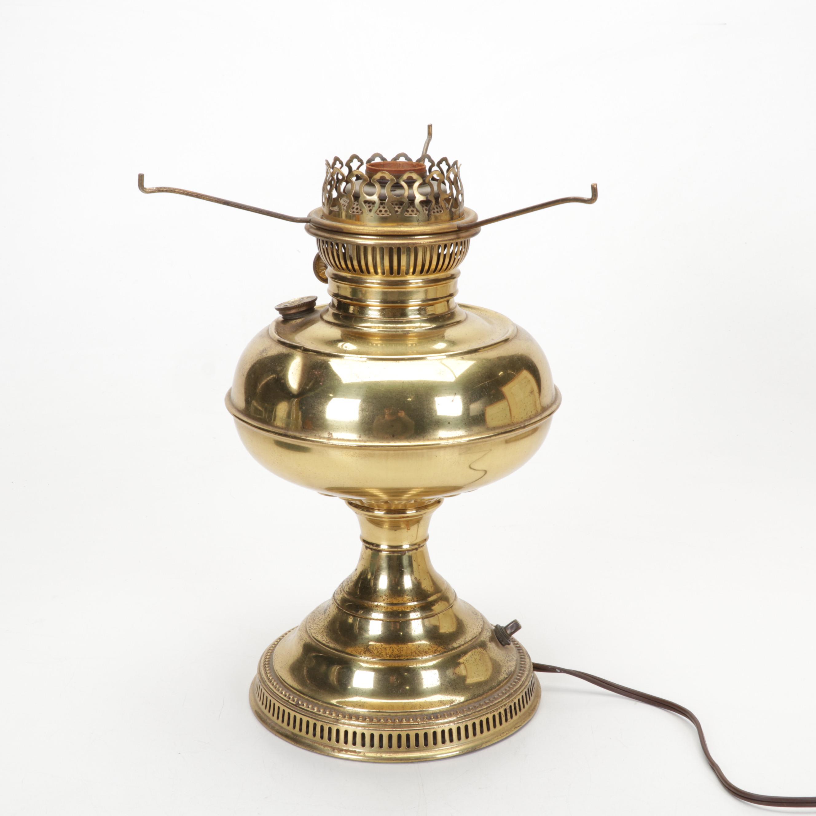 Brass Electrified Oil Lamp with Glass Shade an 1862 Framed Handwritten Letters