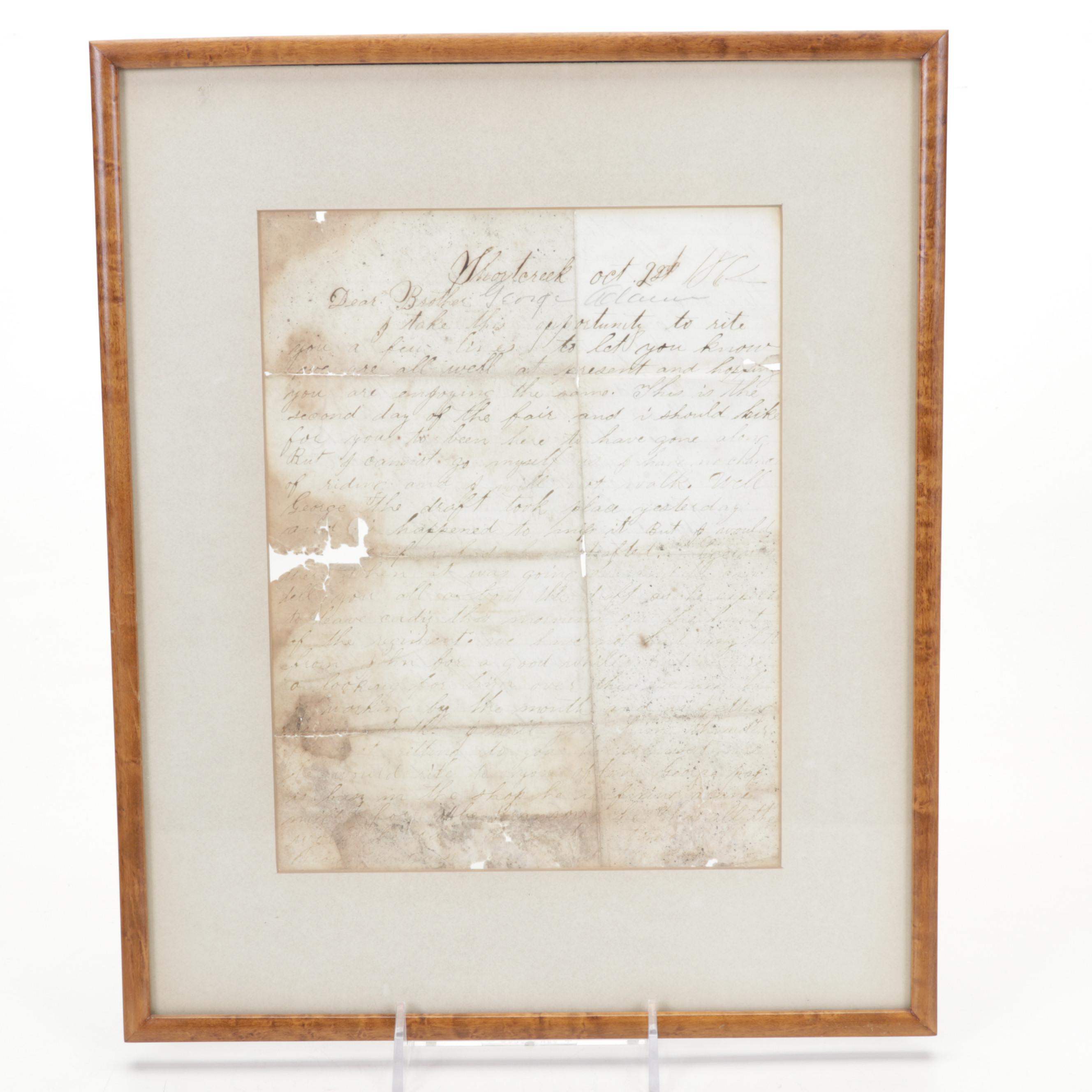 Brass Electrified Oil Lamp with Glass Shade an 1862 Framed Handwritten Letters