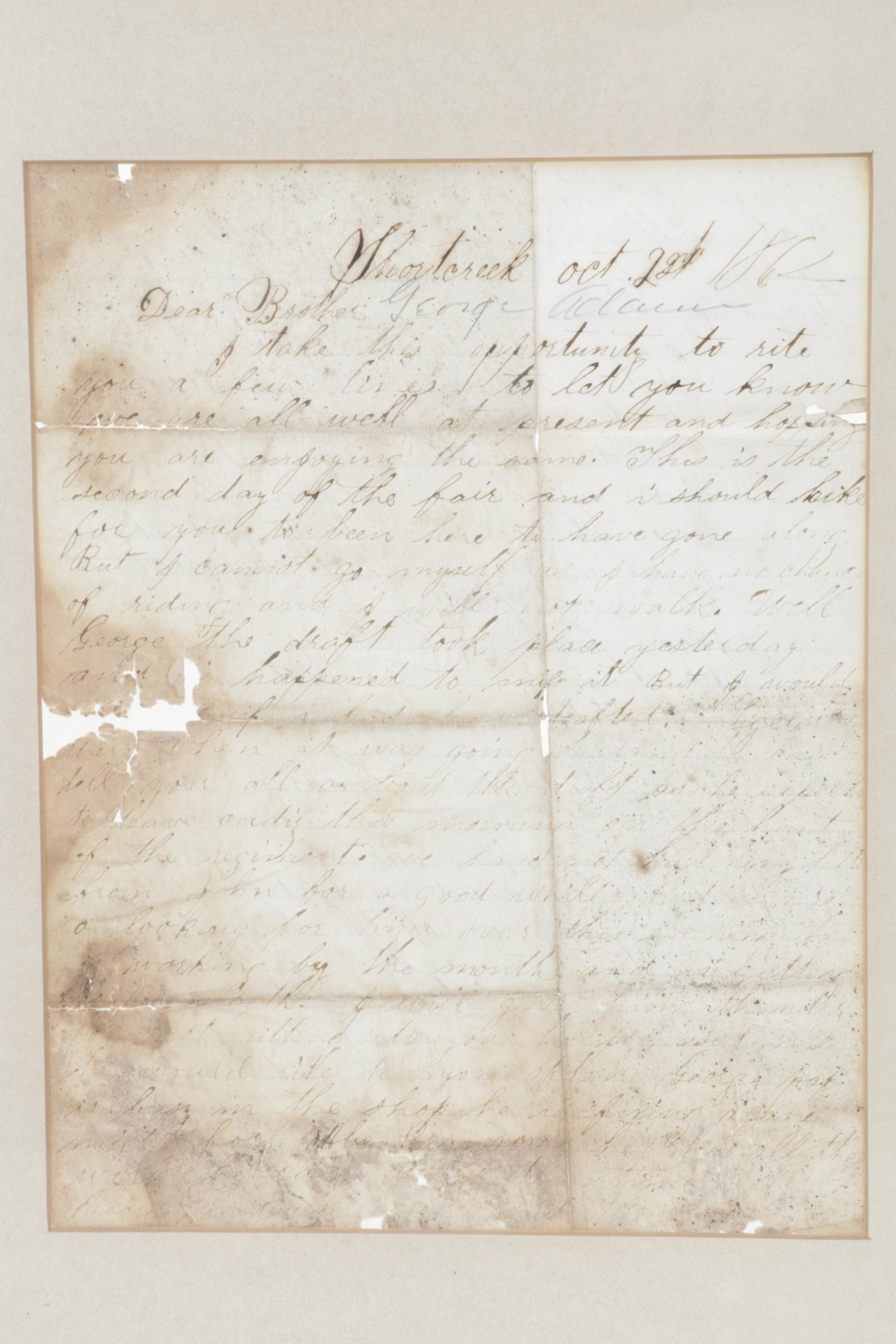 Brass Electrified Oil Lamp with Glass Shade an 1862 Framed Handwritten Letters