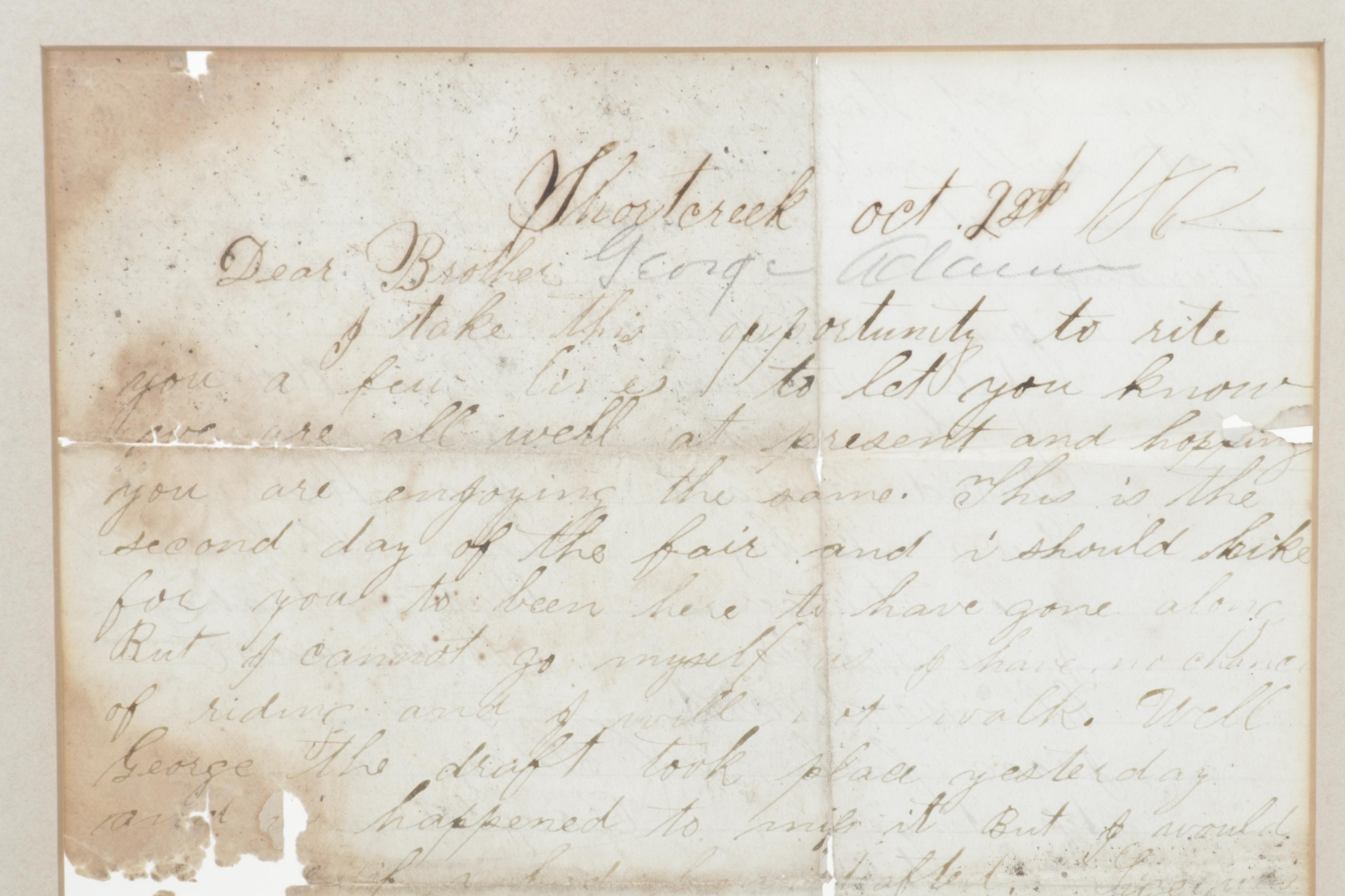 Brass Electrified Oil Lamp with Glass Shade an 1862 Framed Handwritten Letters