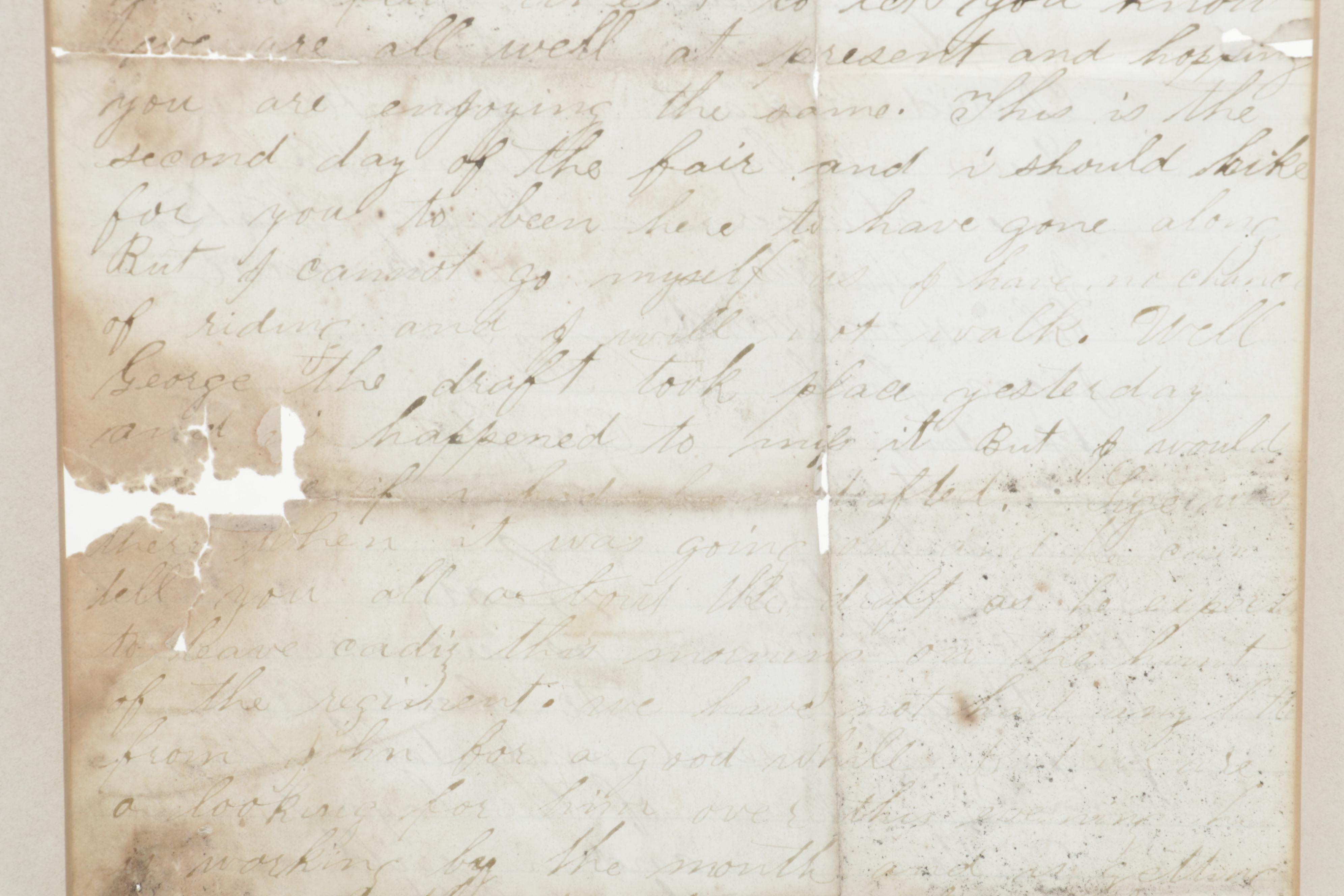 Brass Electrified Oil Lamp with Glass Shade an 1862 Framed Handwritten Letters