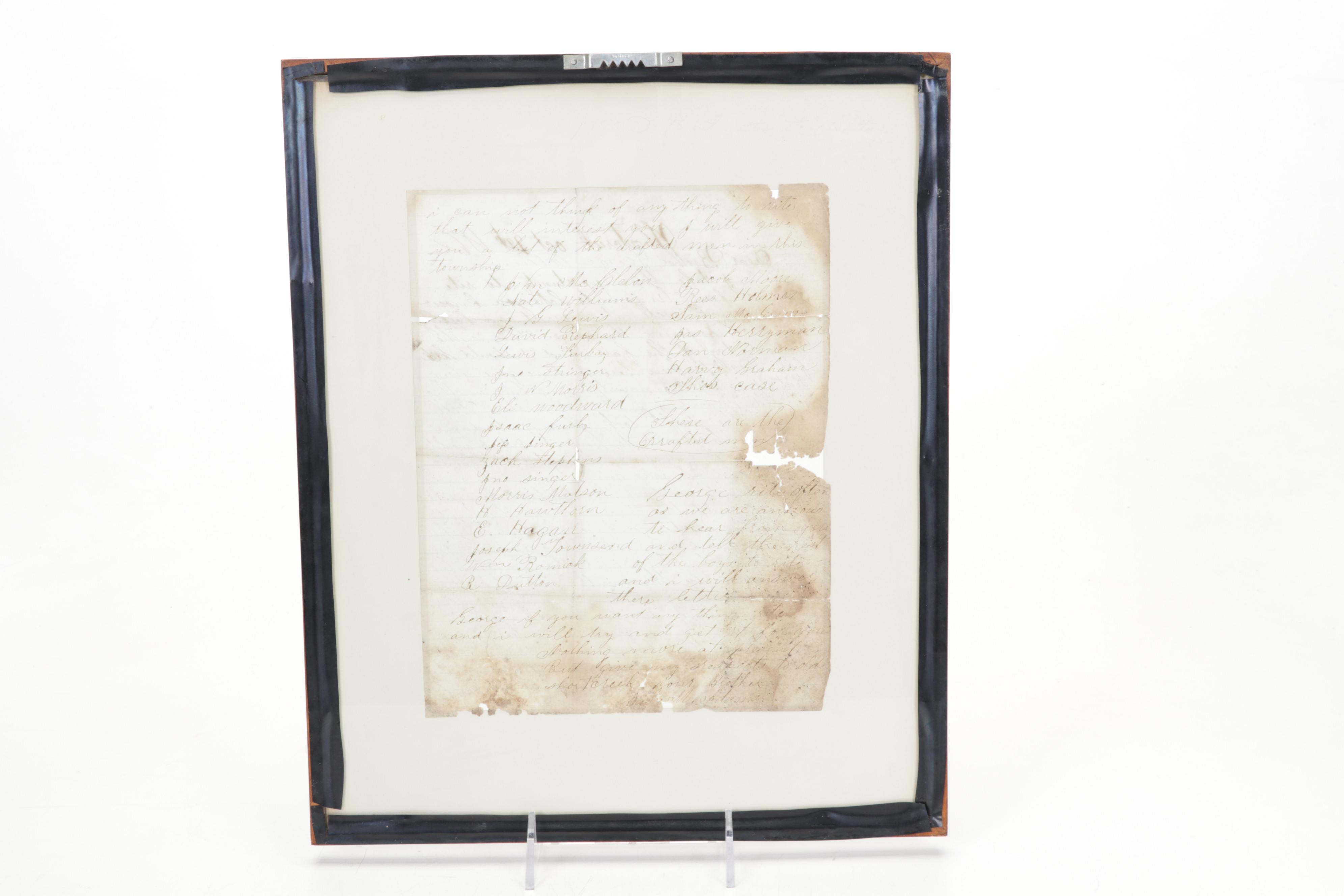 Brass Electrified Oil Lamp with Glass Shade an 1862 Framed Handwritten Letters