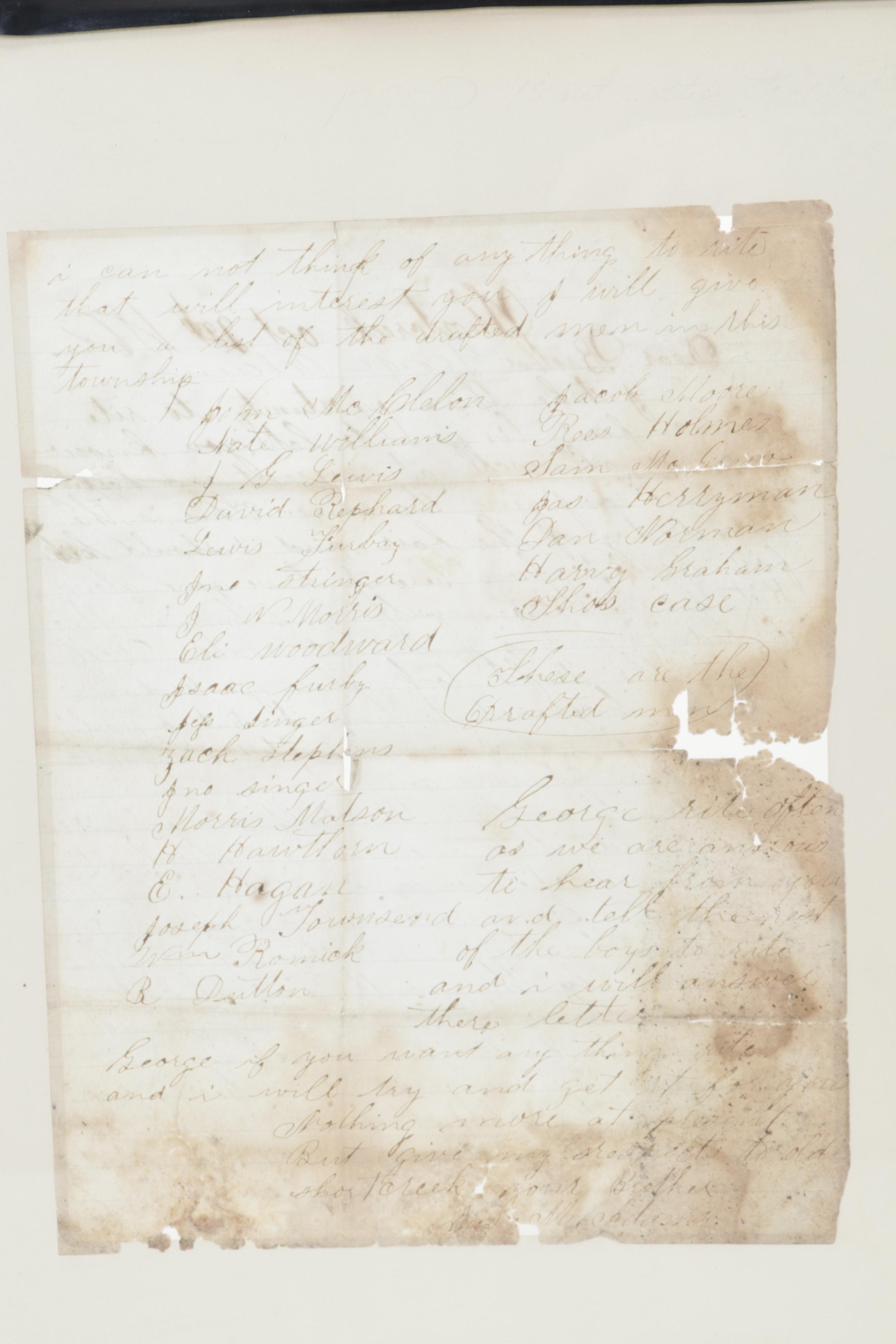 Brass Electrified Oil Lamp with Glass Shade an 1862 Framed Handwritten Letters