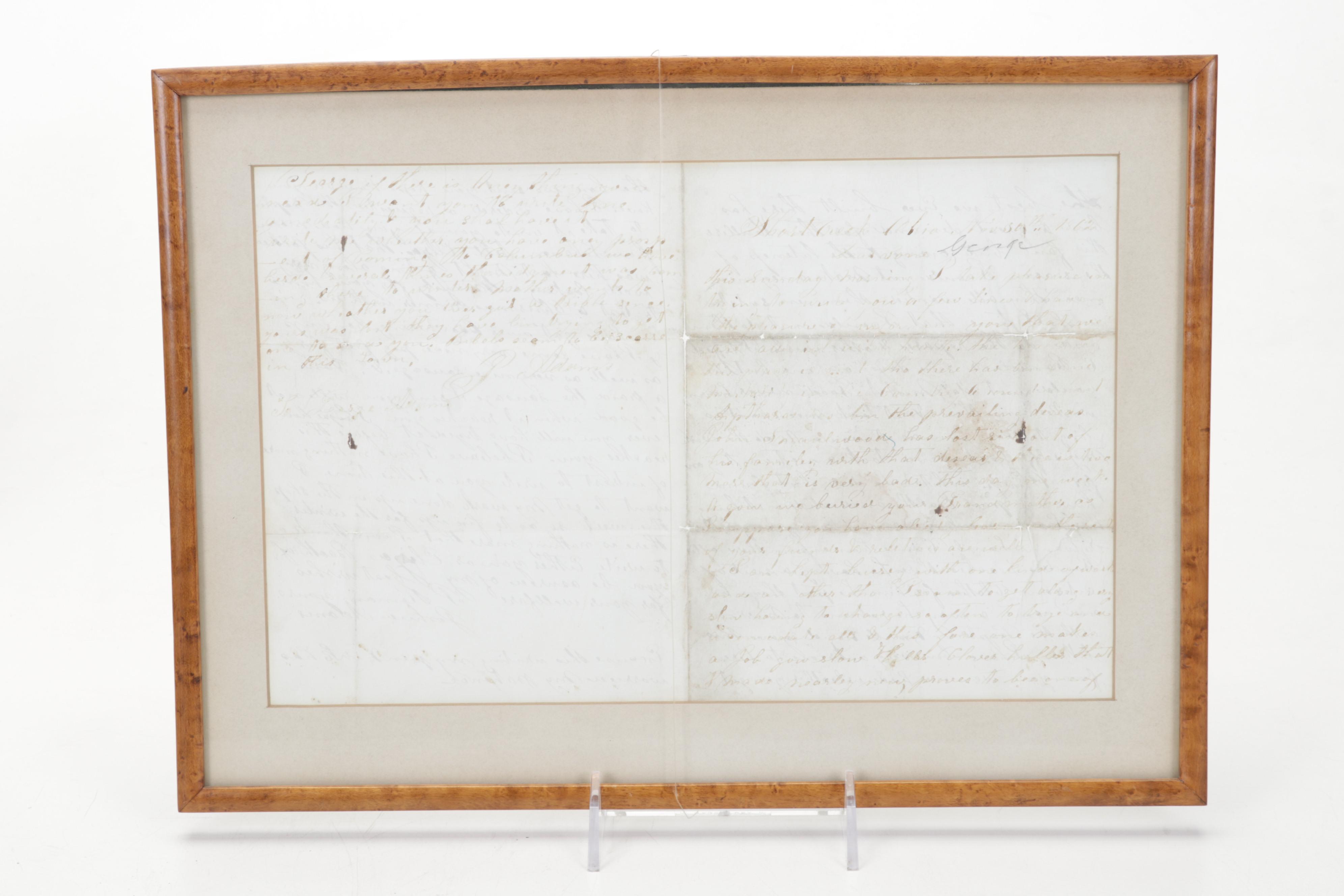 Brass Electrified Oil Lamp with Glass Shade an 1862 Framed Handwritten Letters