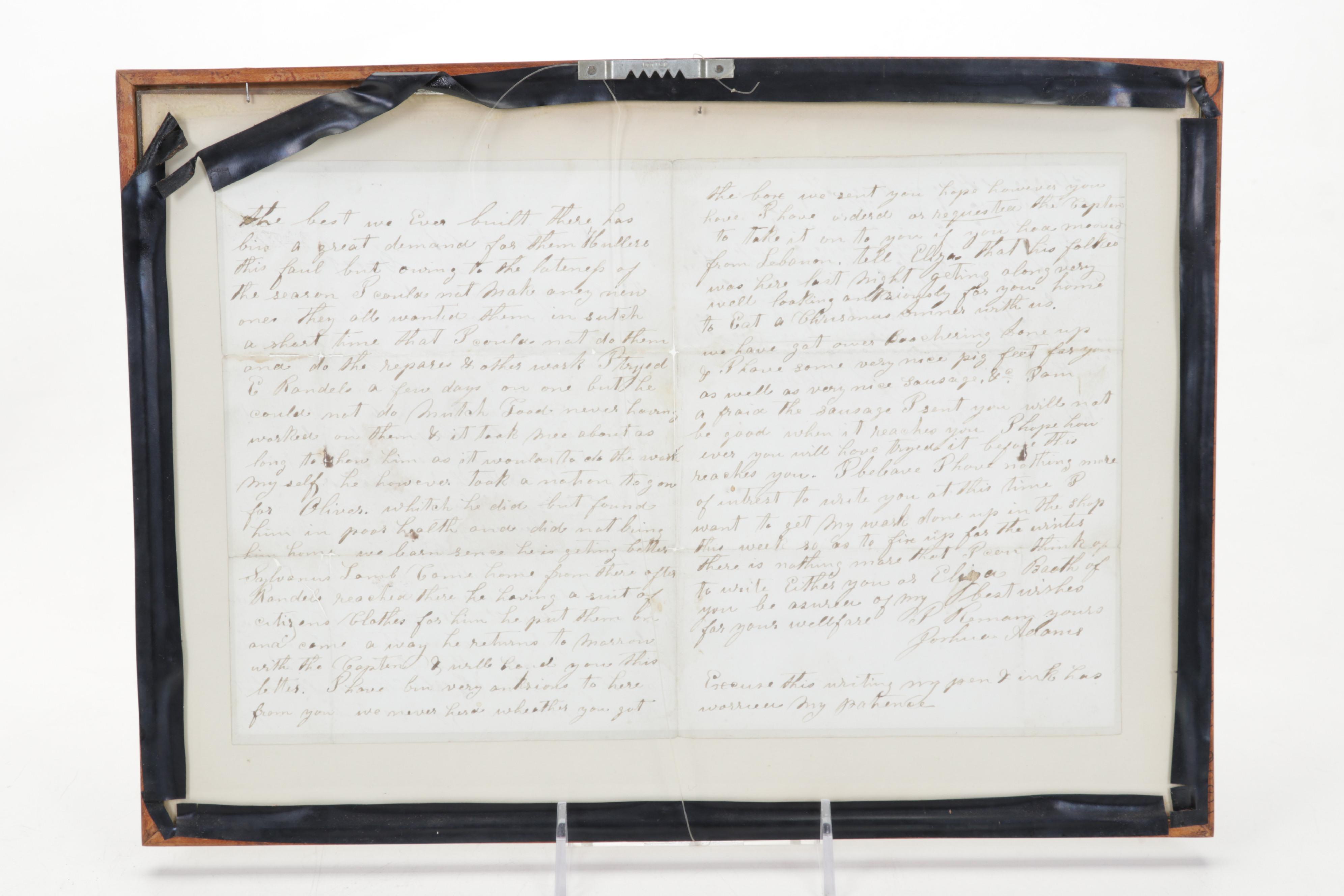 Brass Electrified Oil Lamp with Glass Shade an 1862 Framed Handwritten Letters