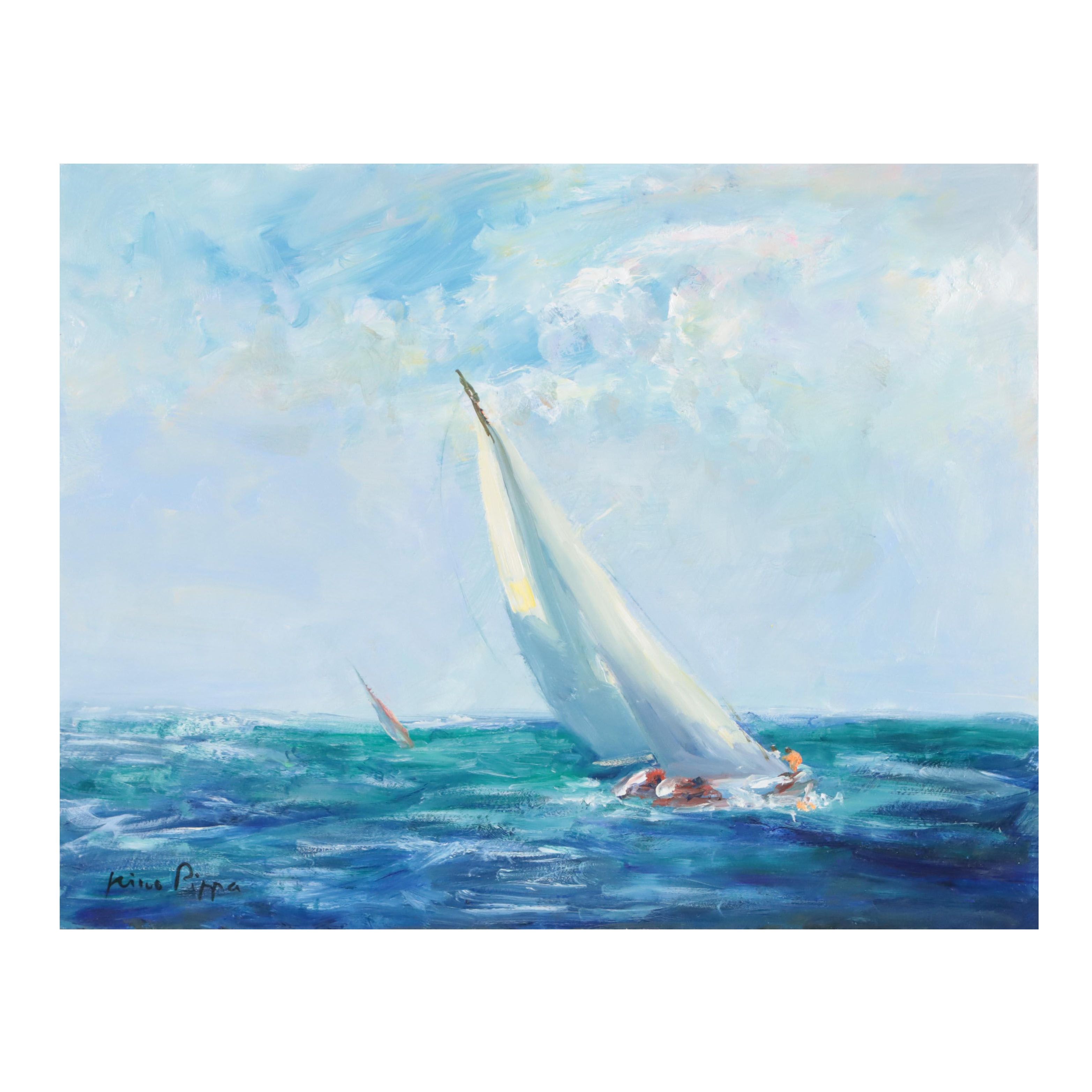 Nino Pippa Oil Painting "Sailboats - Off the Normandy Coast," 2018