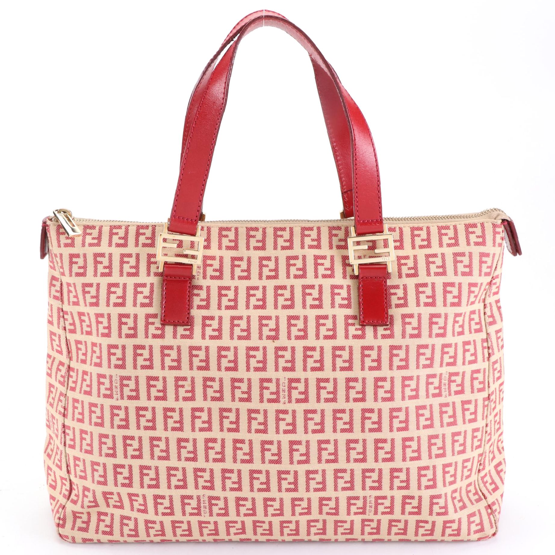 Fendi Tote Bag in Zucchino Canvas and Red Leather