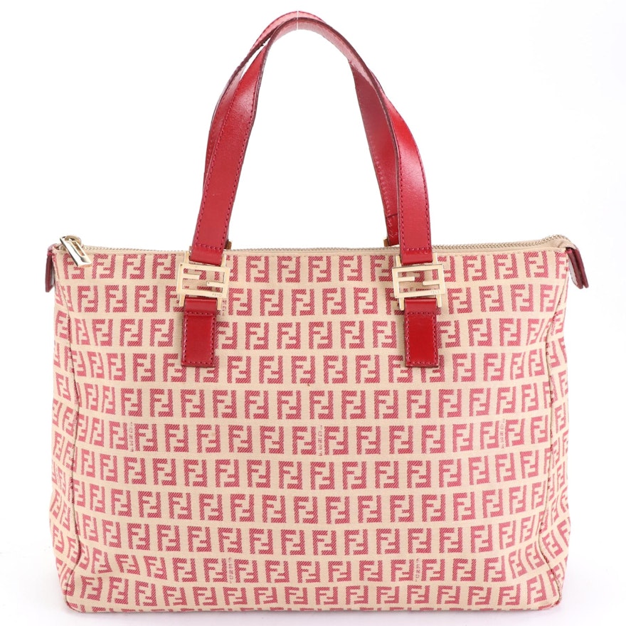 Fendi Tote Bag in Zucchino Canvas and Red Leather